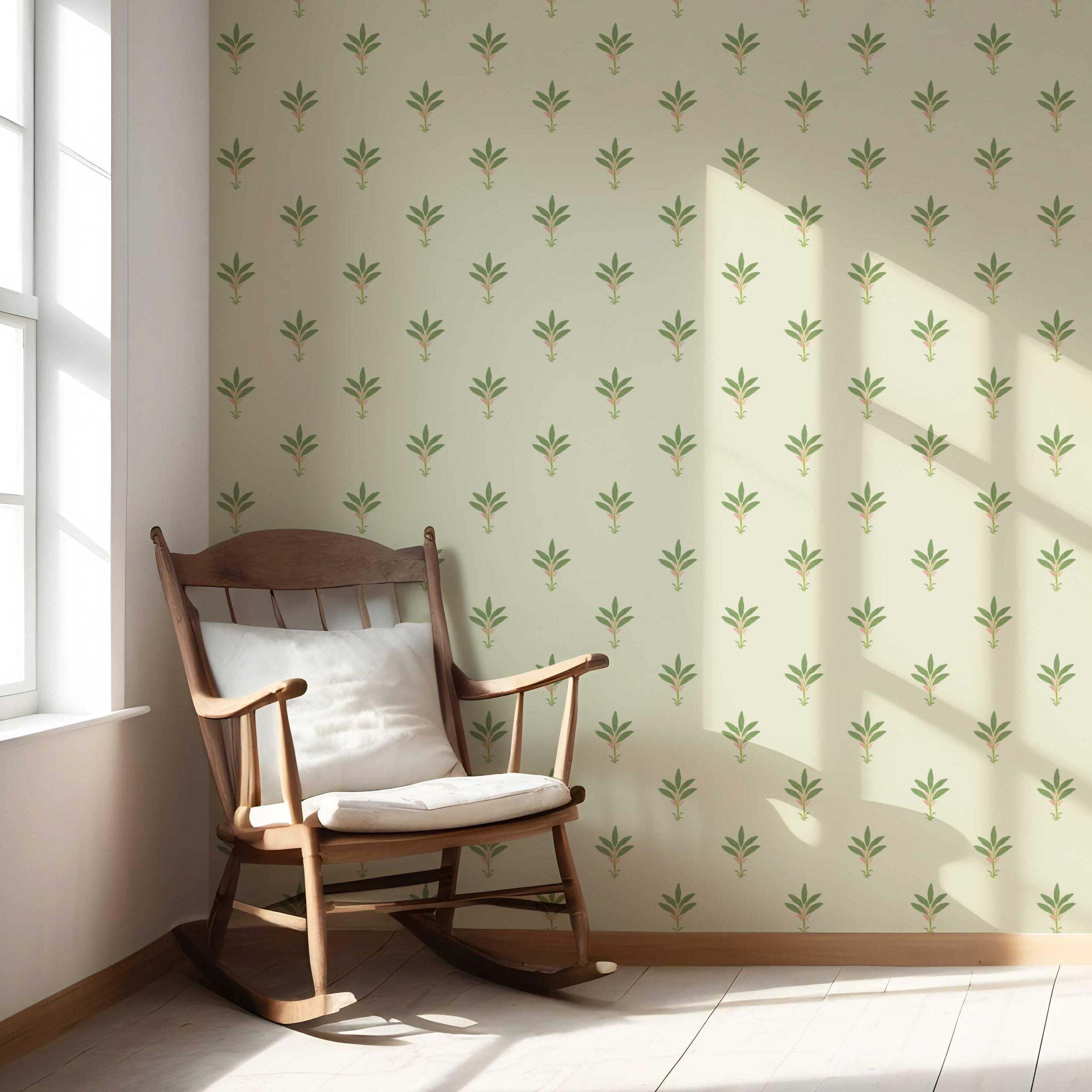 Vintage-Inspired Floral Block Print Nursery Wallpaper Sample (Olive Green)
