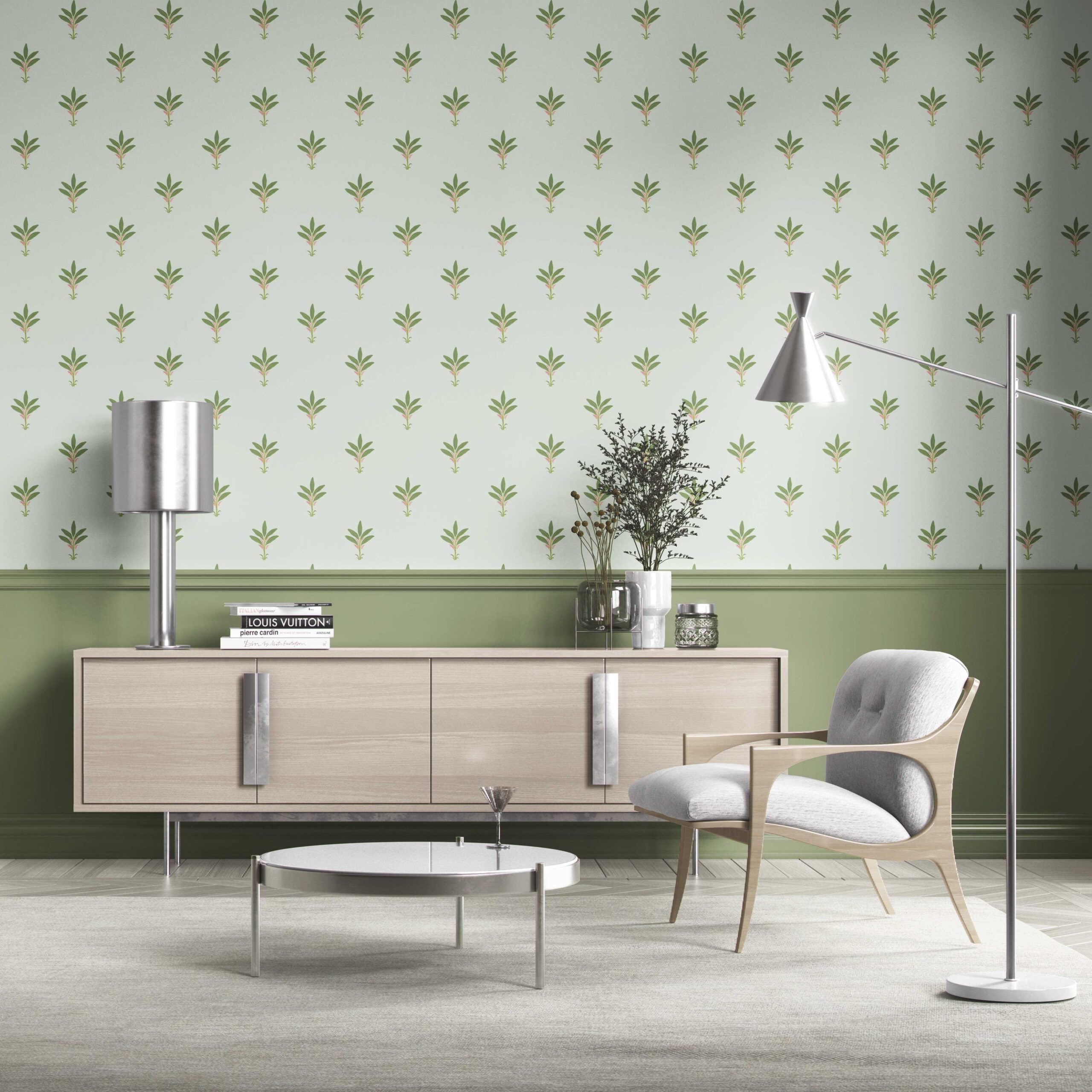 Vintage-Inspired Floral Block Print Kitchen Wallpaper (Mint Green/ Pink)