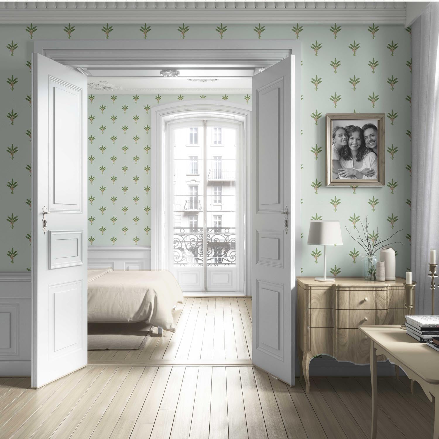 Vintage-Inspired Floral Block Print Living Room Wallpaper Sample (Mint Green/ Pink)