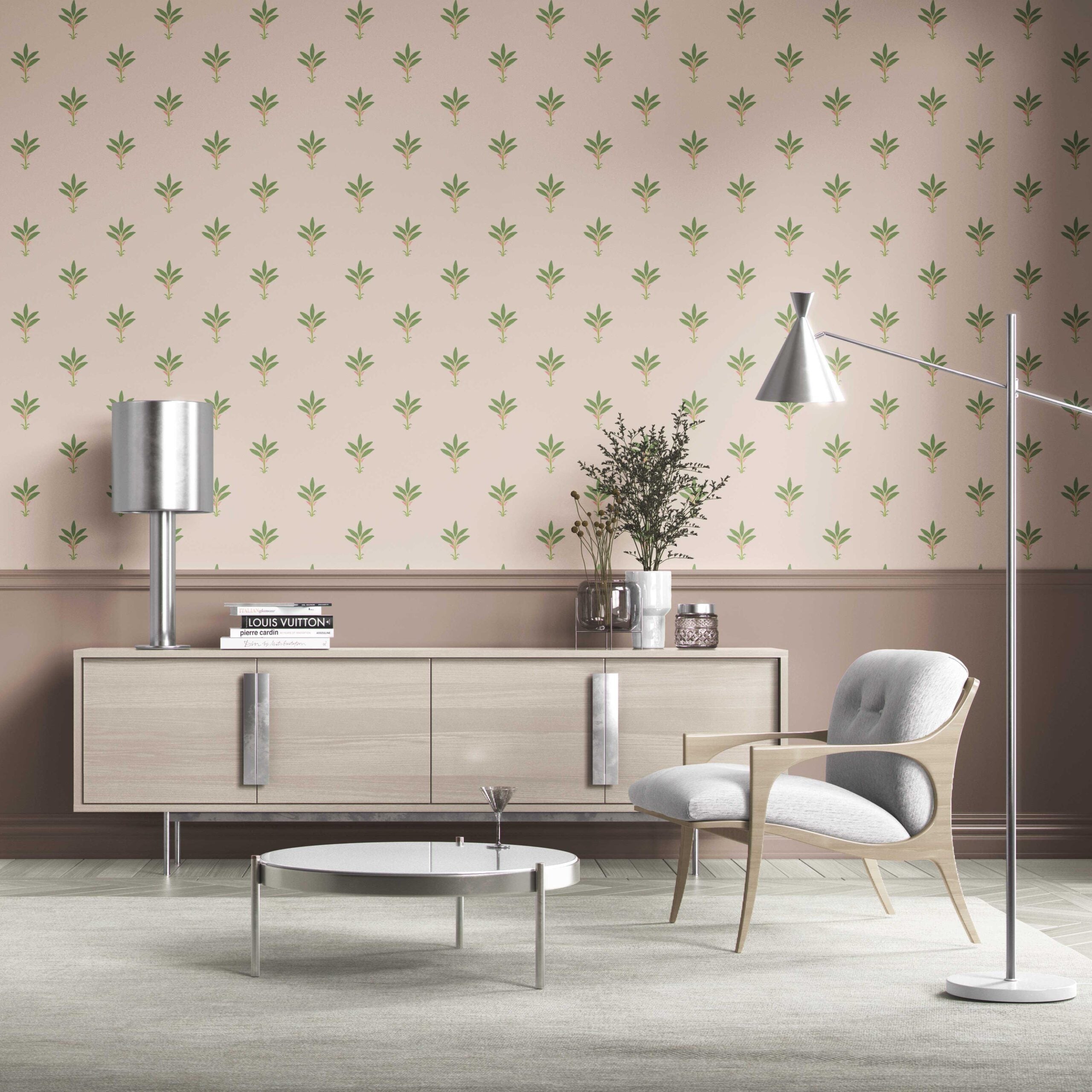 Vintage-Inspired Floral Block Print Kitchen Wallpaper Sample (Pastel Pink/ Green)