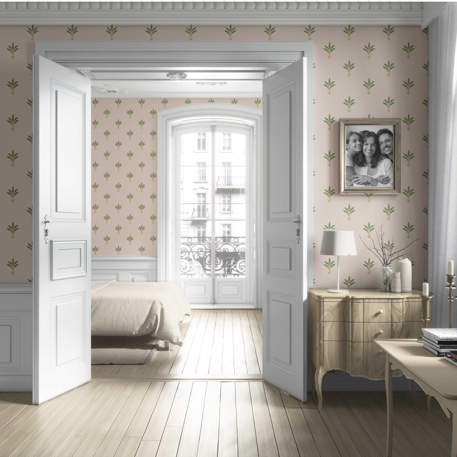 Vintage-Inspired Floral Block Print Living Room Wallpaper Sample (Pastel Pink/ Green)