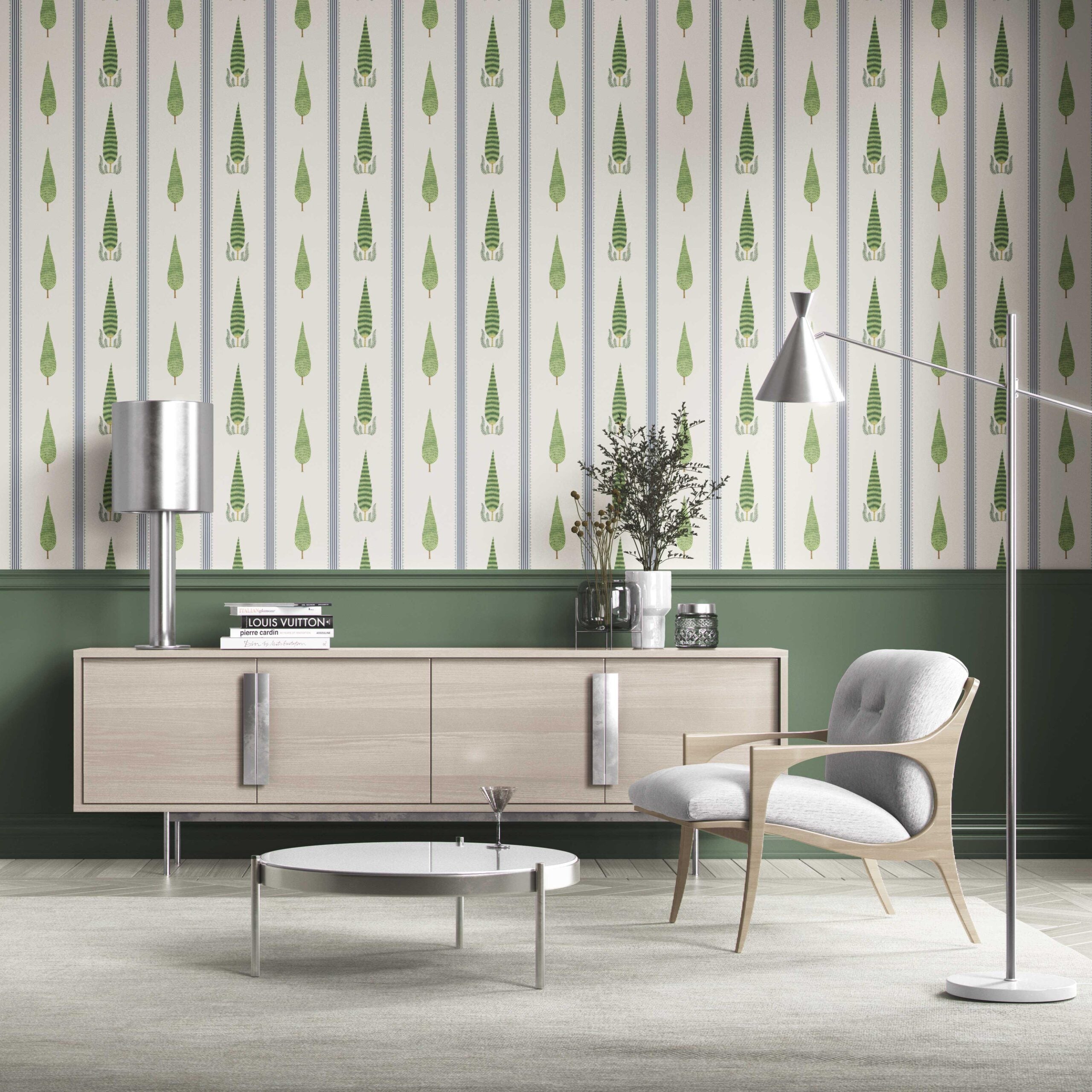 Modern Floral/ Botanical Leaf Print Kitchen Wallpaper Sample (Green/ White/ Blue)