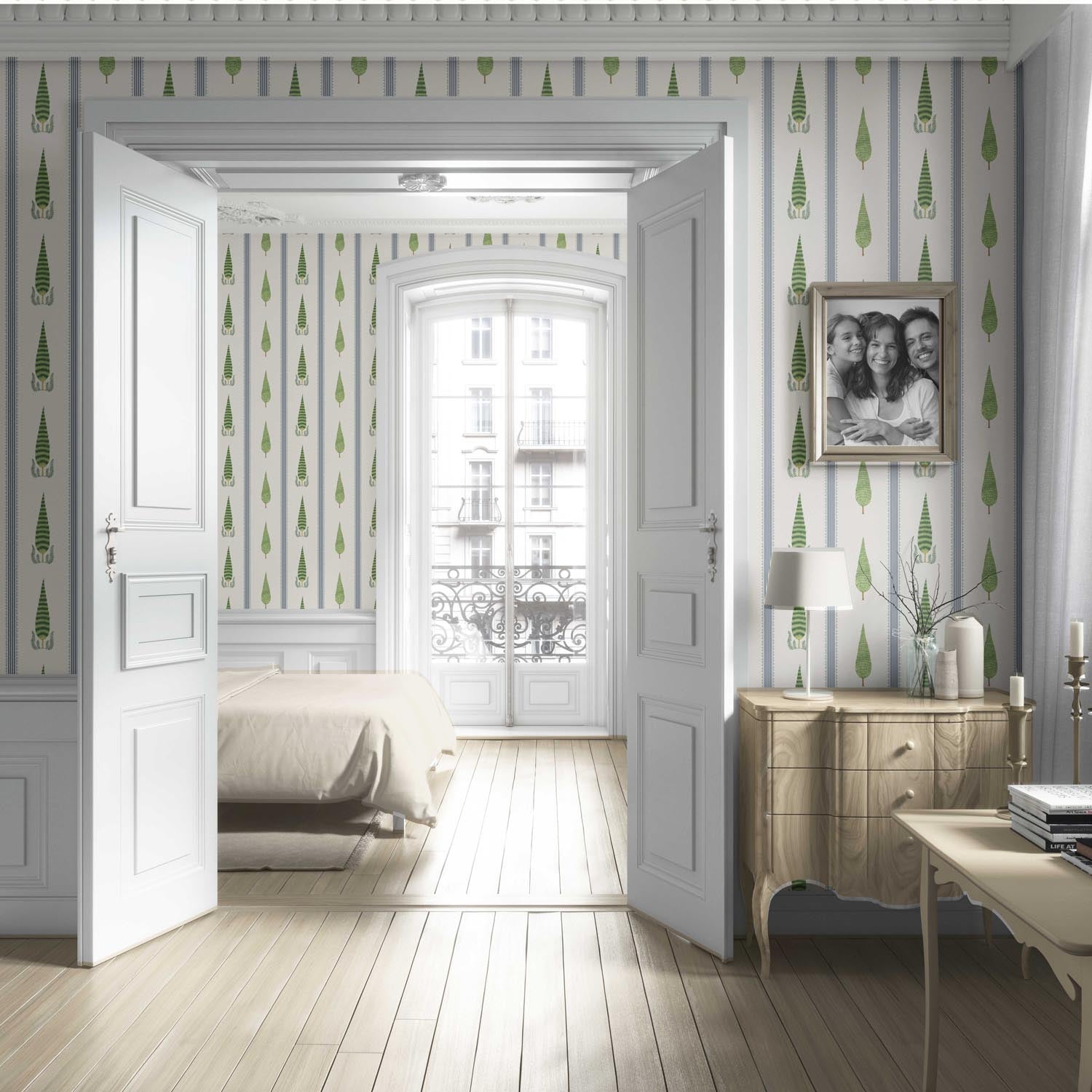 Modern Floral/ Botanical Leaf Print Living Room Wallpaper (Green/ White/ Blue)