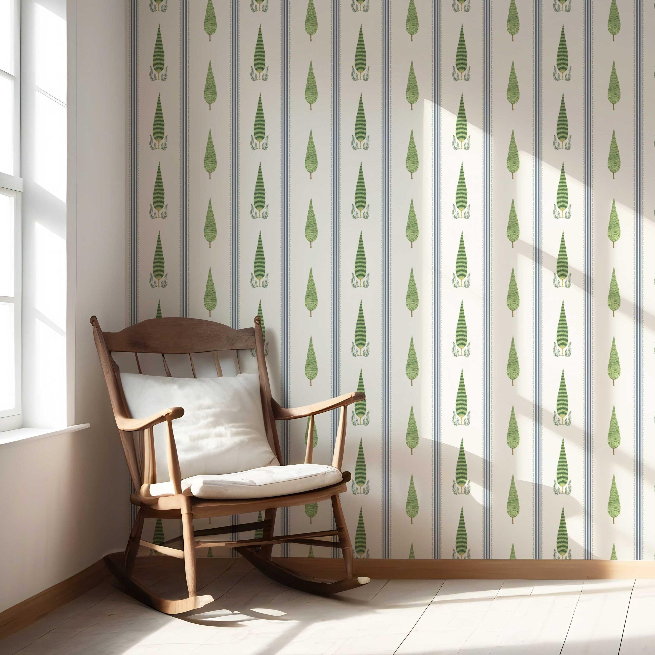Modern Floral/ Botanical Leaf Print Nursery Wallpaper (Green/ White/ Blue)