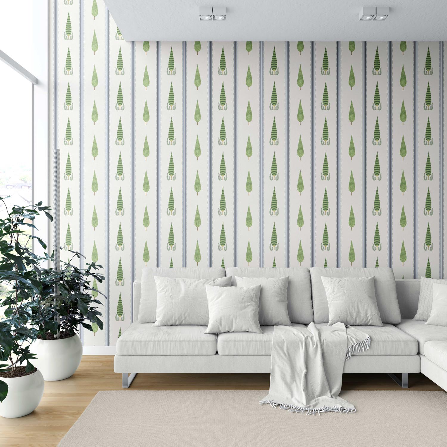 Modern Floral/ Botanical Leaf Print Shower Toilet Wallpaper (Green/ White/ Blue)
