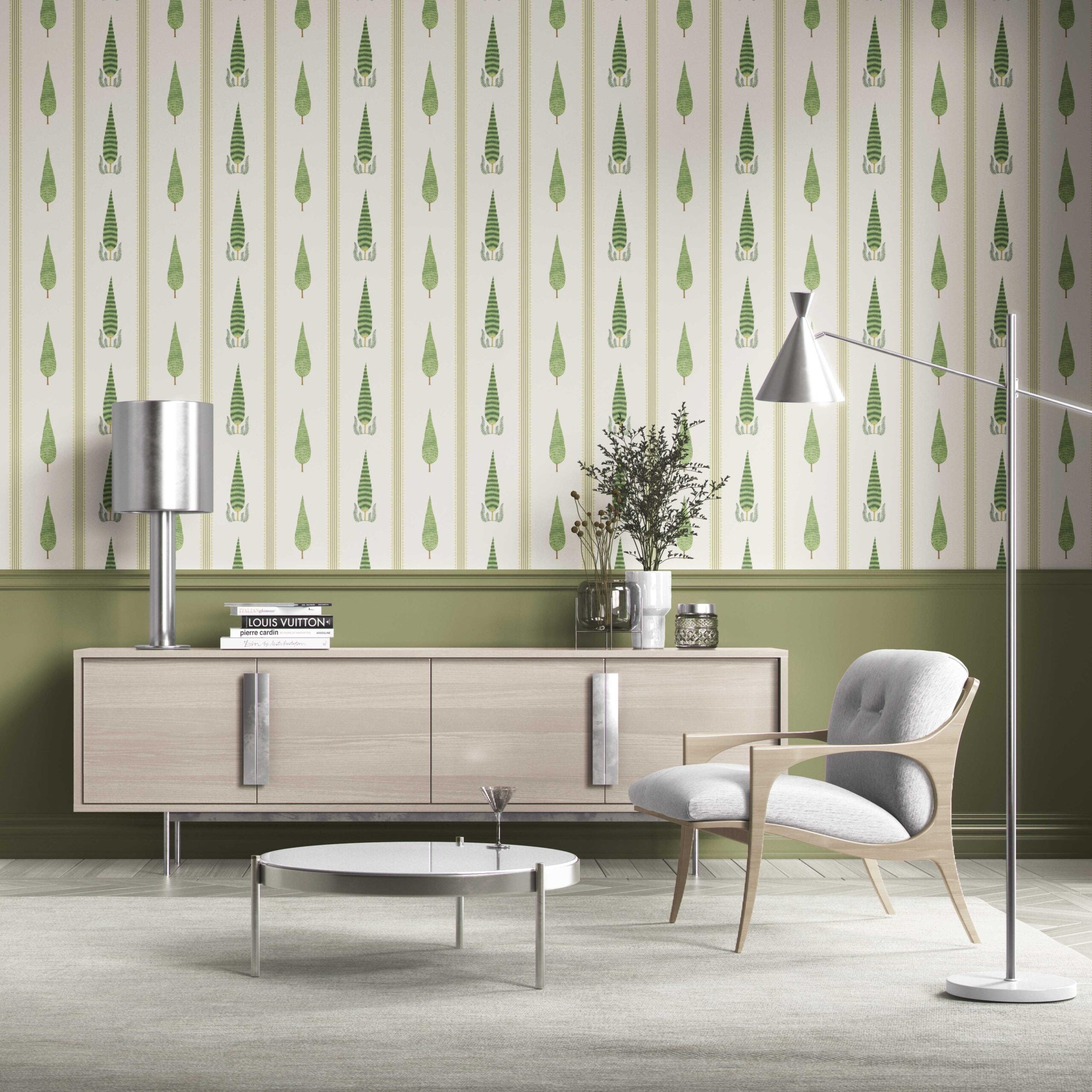 Modern Floral/ Botanical Leaf Print Kitchen Wallpaper (Green/ White)