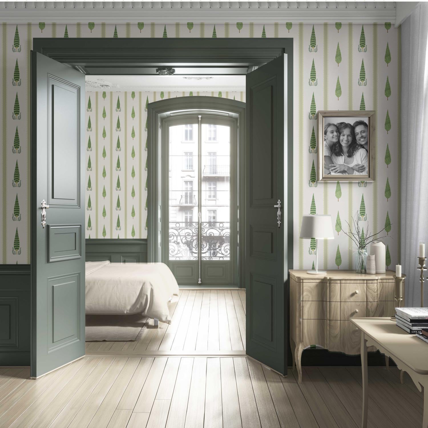 Modern Floral/ Botanical Leaf Print Living Room Wallpaper Sample (Green/ White)