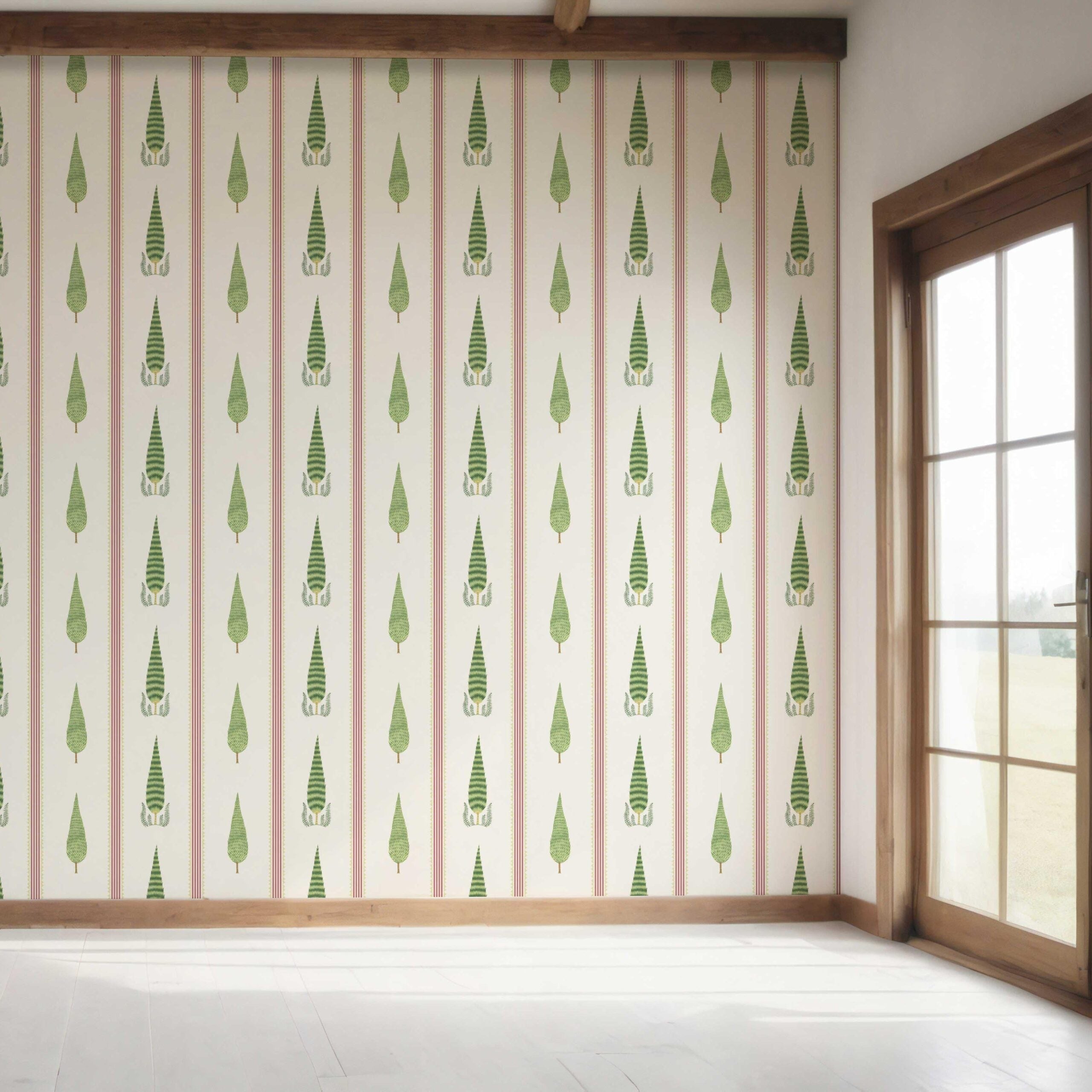 Modern Floral/ Botanical Leaf Print Bedroom Wallpaper Sample (Red/ Green/ White)