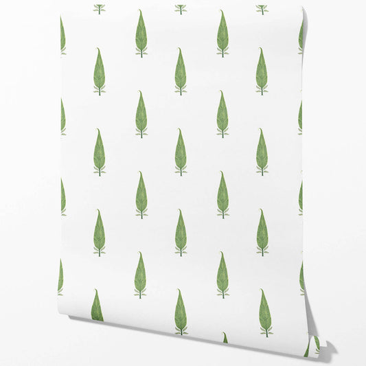 Modern Botanical Floral Block Print Traditional Wallpaper Sample (Green/ White)