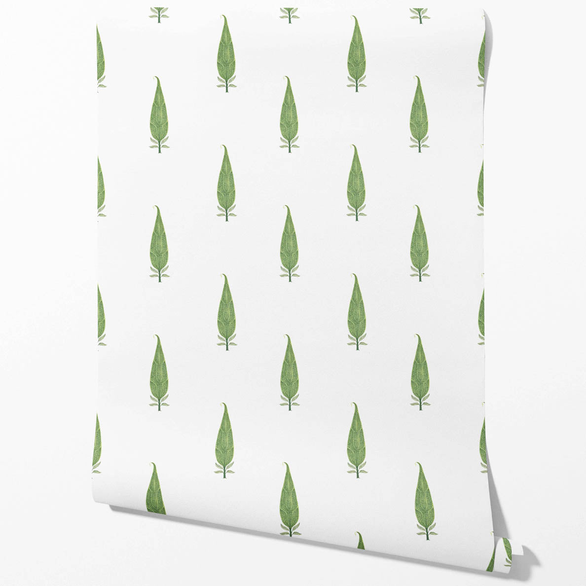 Modern Botanical Floral Block Print Traditional Wallpaper (Green/ White)