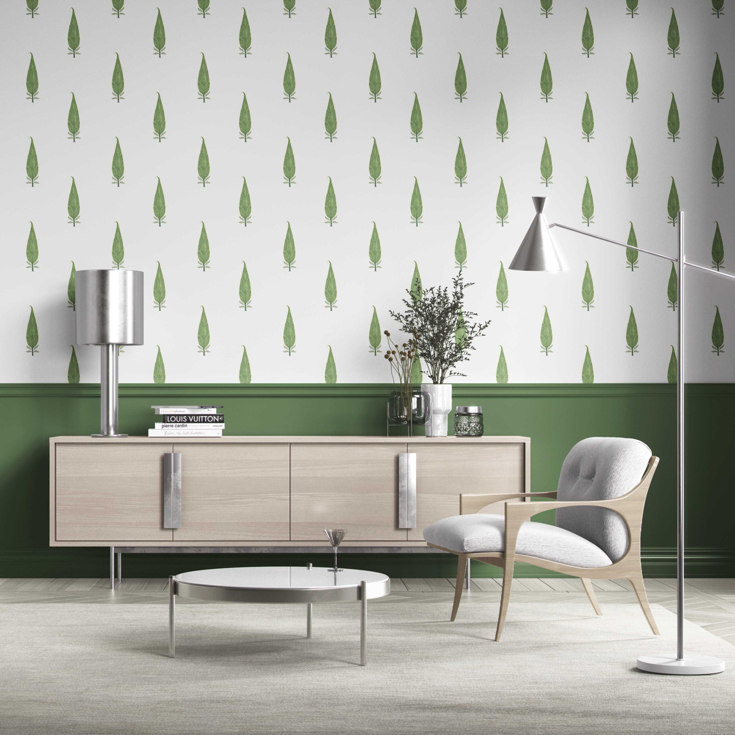 Modern Botanical Floral Block Print Kitchen Wallpaper (Green/ White)