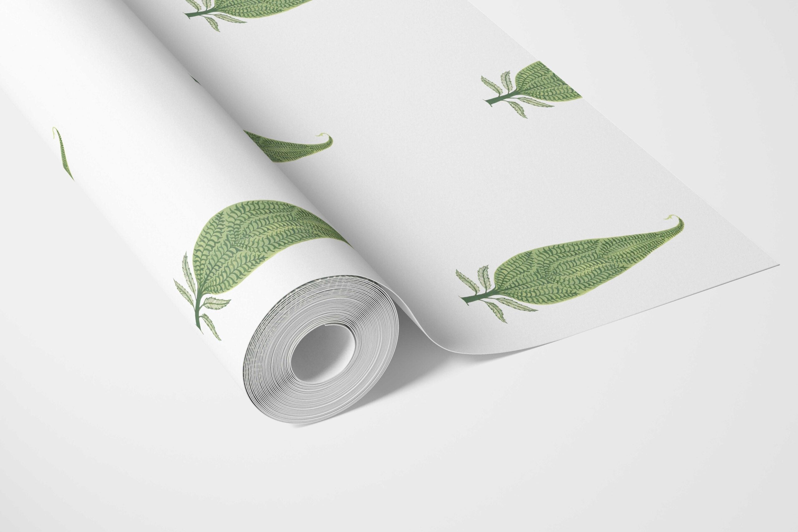 Modern Botanical Floral Block Print Bathroom Wallpaper (Green/ White)