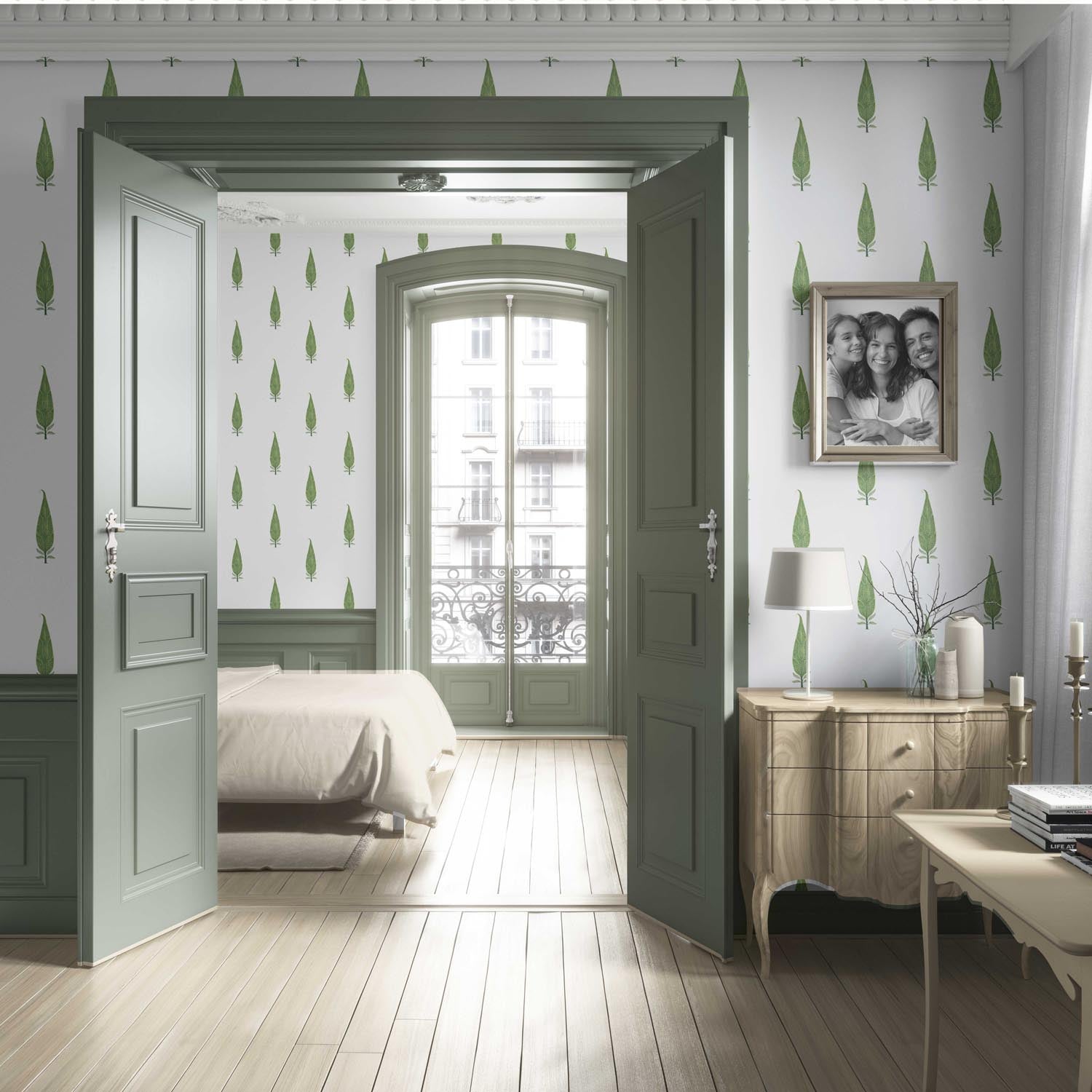 Modern Botanical Floral Block Print Living Room Wallpaper (Green/ White)