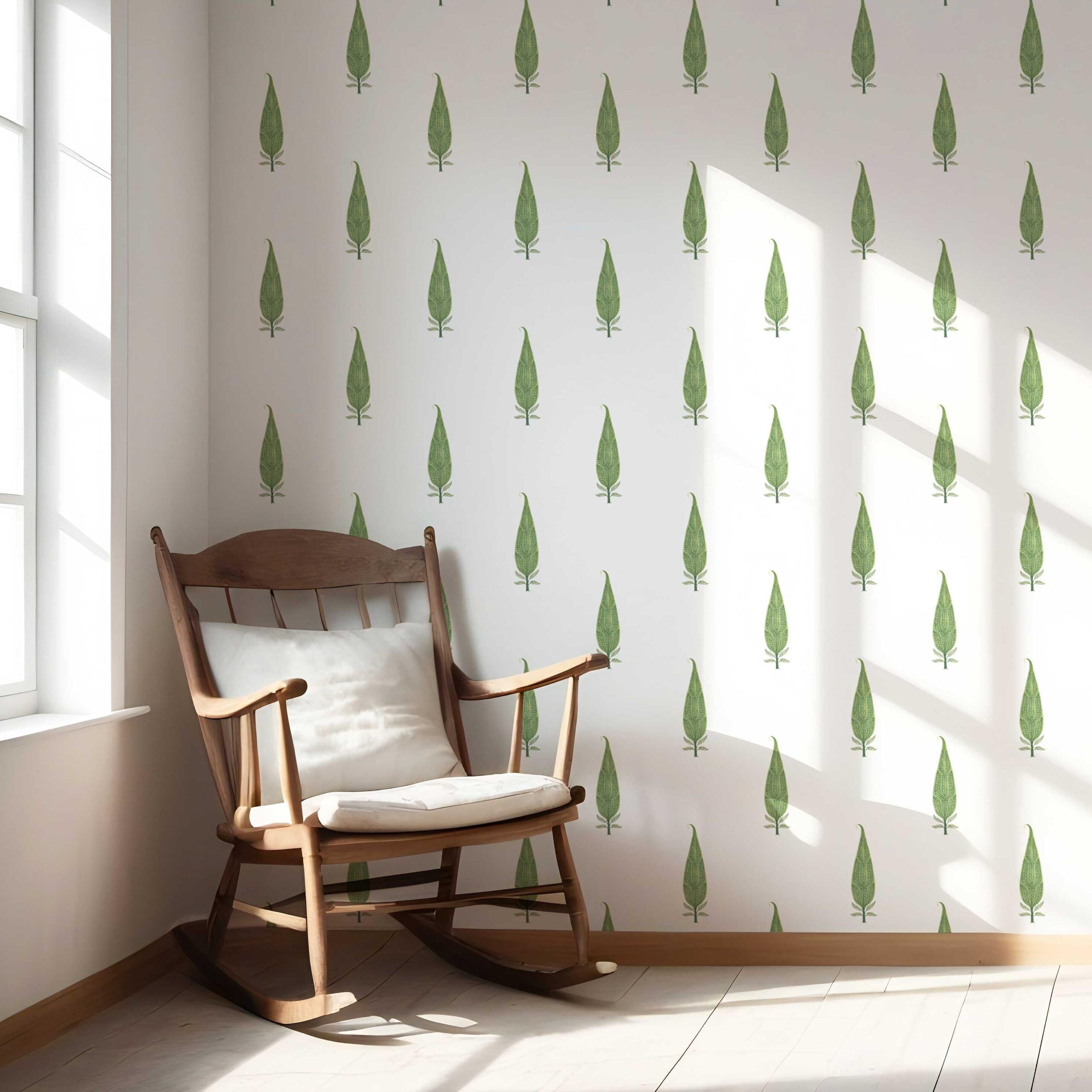 Modern Botanical Floral Block Print Nursery Wallpaper (Green/ White)