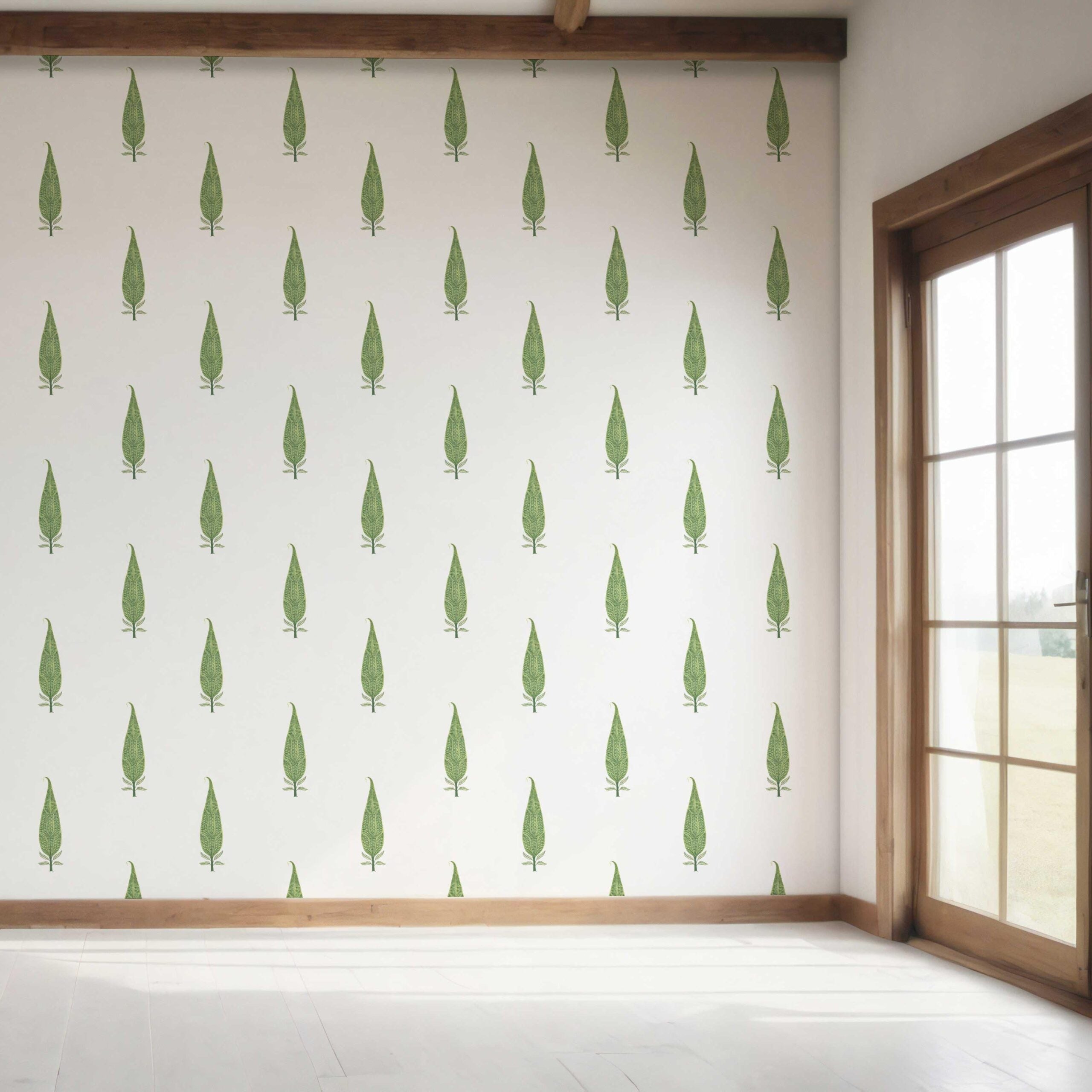 Modern Botanical Floral Block Print Bedroom Wallpaper (Green/ White)
