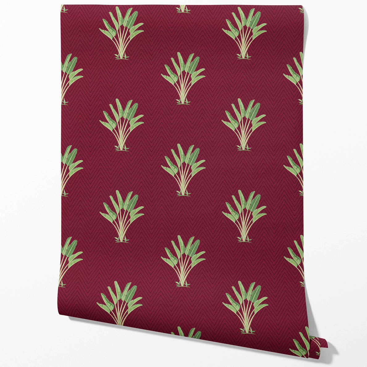 Botanical/ Floral Block Print Kitchen Wallpaper Sample (Deep Red/ Green)