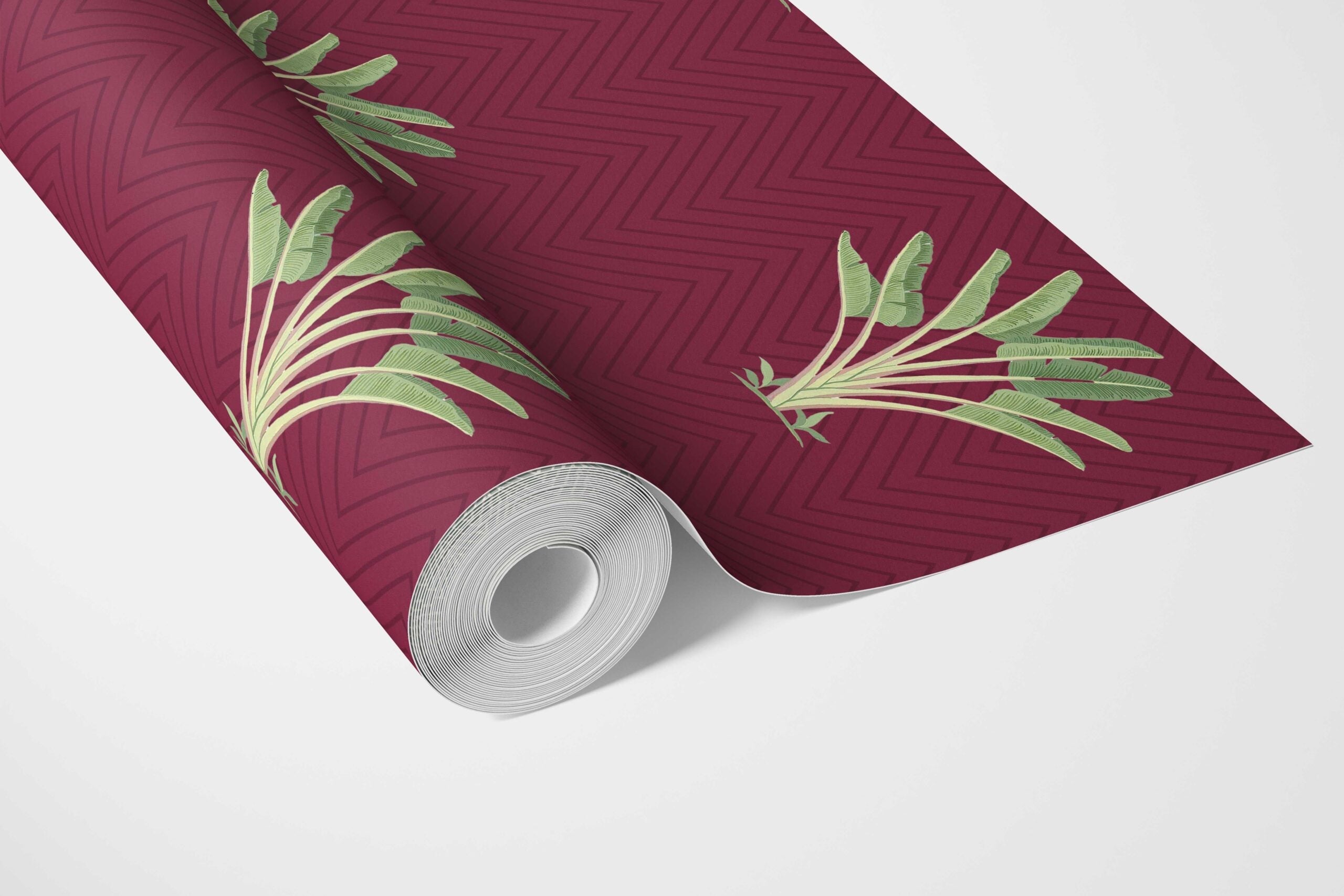 Botanical/ Floral Block Print Bathroom Wallpaper Sample (Deep Red/ Green)