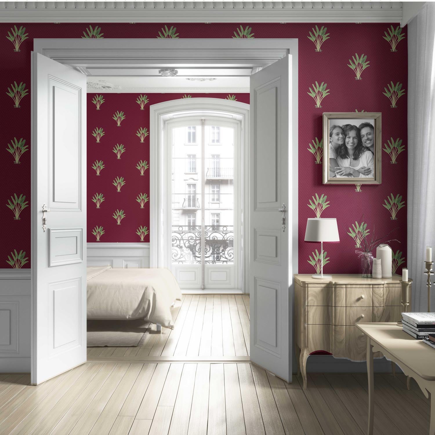 Botanical/ Floral Block Print Living Room Wallpaper Sample (Deep Red/ Green)