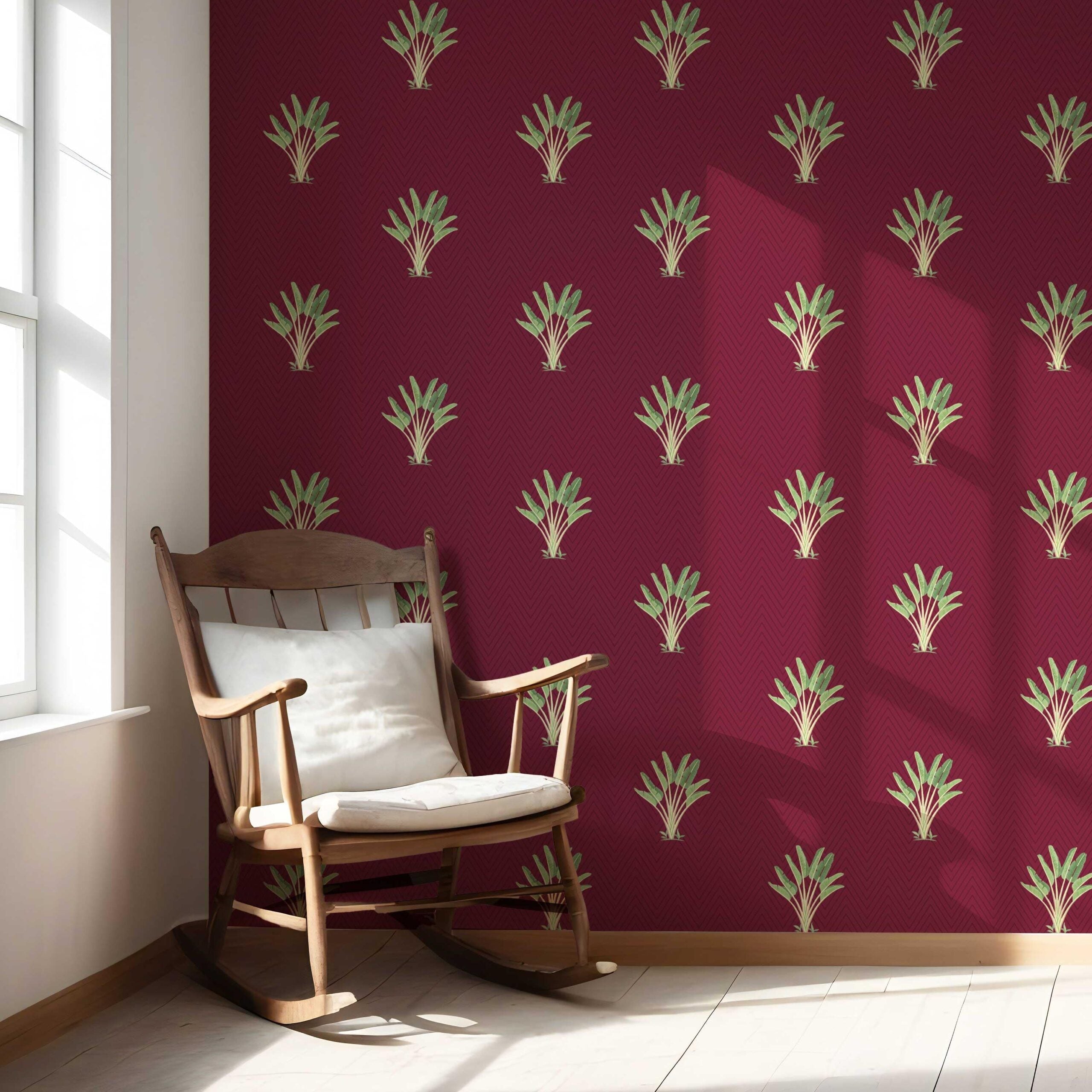 Botanical/ Floral Block Print Nursery Wallpaper Sample (Deep Red/ Green)