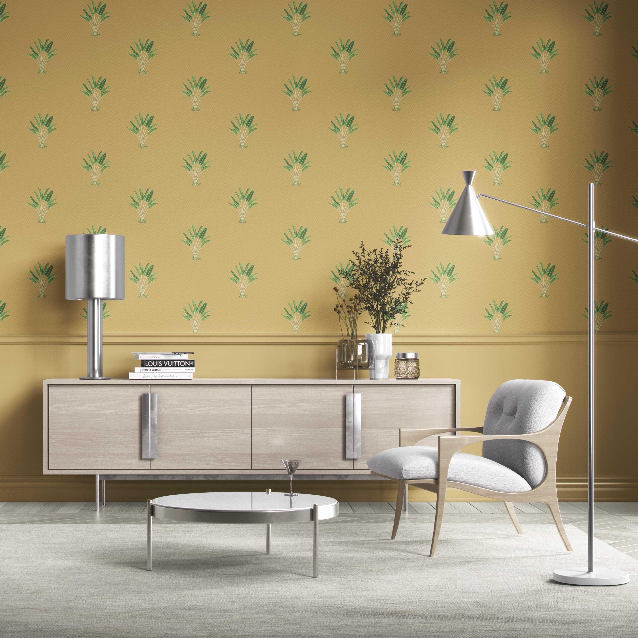 Botanical/ Floral Block Print Traditional Wallpaper (Mustard Yellow/ Green)