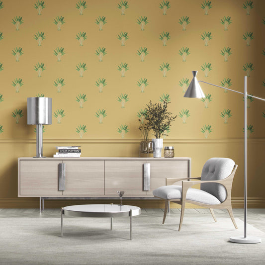 Botanical/ Floral Block Print Traditional Wallpaper (Mustard Yellow/ Green)