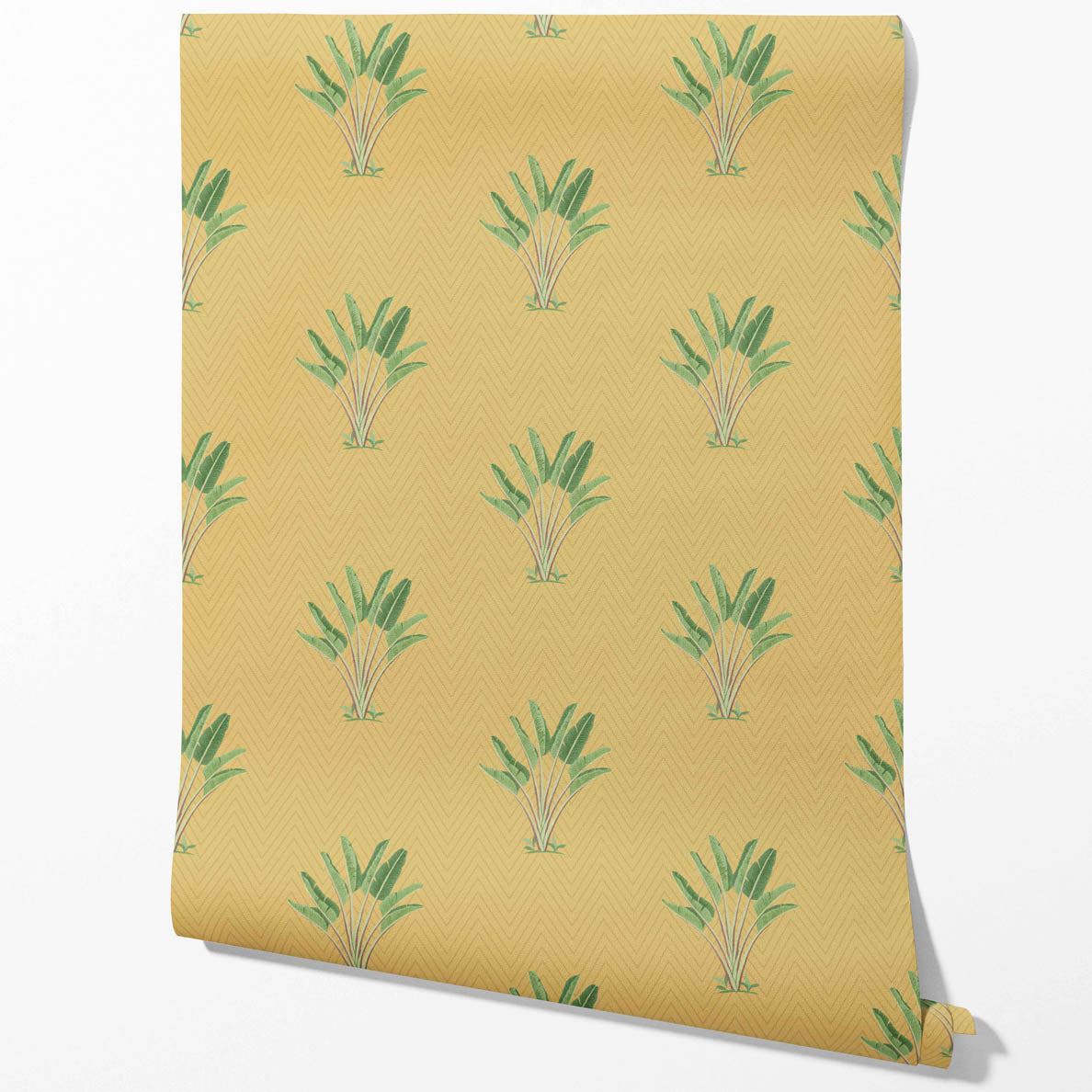 Botanical/ Floral Block Print Kitchen Wallpaper (Mustard Yellow/ Green)