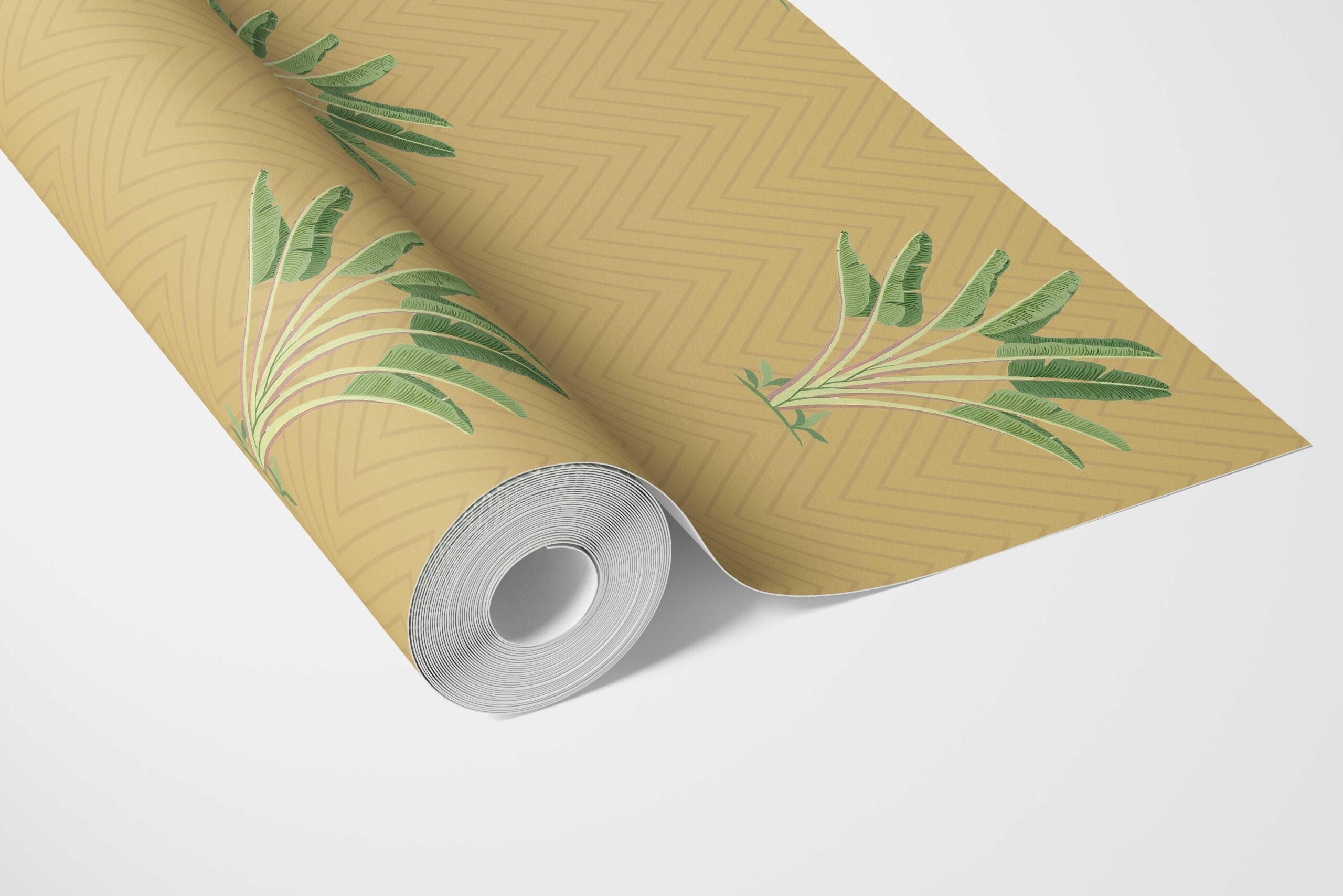 Botanical/ Floral Block Print Bathroom Wallpaper (Mustard Yellow/ Green)