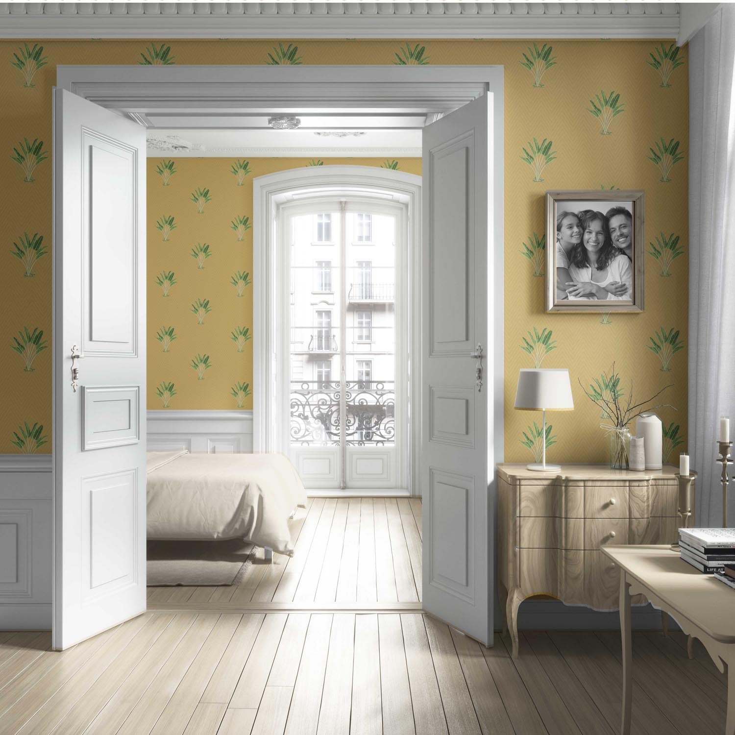 Botanical/ Floral Block Print Living Room Wallpaper (Mustard Yellow/ Green)