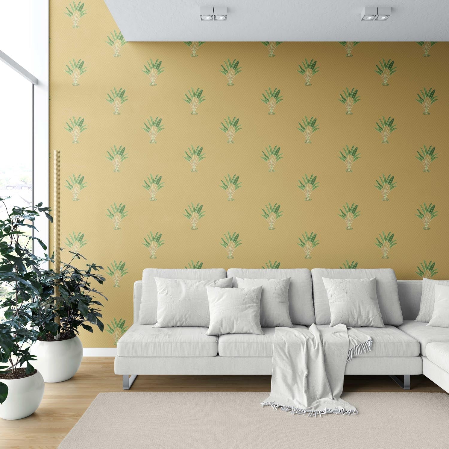 Botanical/ Floral Block Print Shower Toilet Wallpaper (Mustard Yellow/ Green)