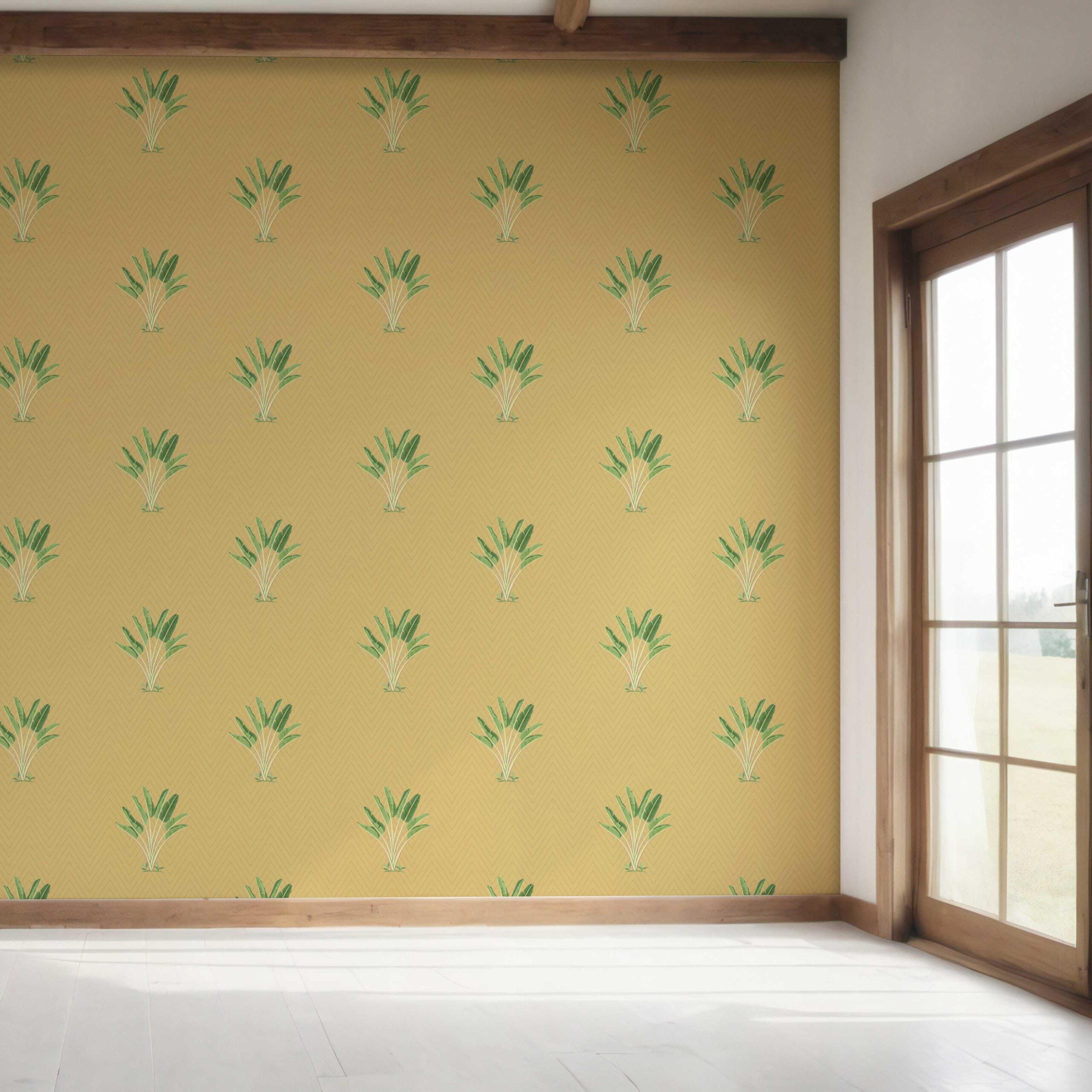 Botanical/ Floral Block Print Bedroom Wallpaper (Mustard Yellow/ Green)