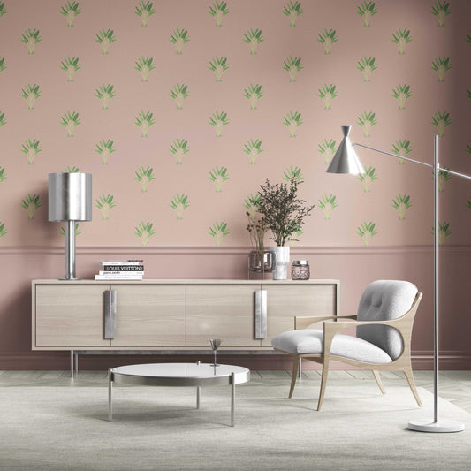 Botanical/ Floral Block Print Traditional Wallpaper (Dusty Pink/ Green)