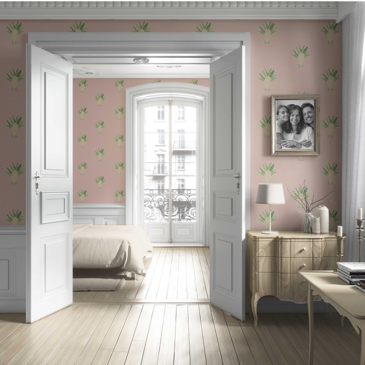Botanical/ Floral Block Print Living Room Wallpaper Sample (Dusty Pink/ Green)