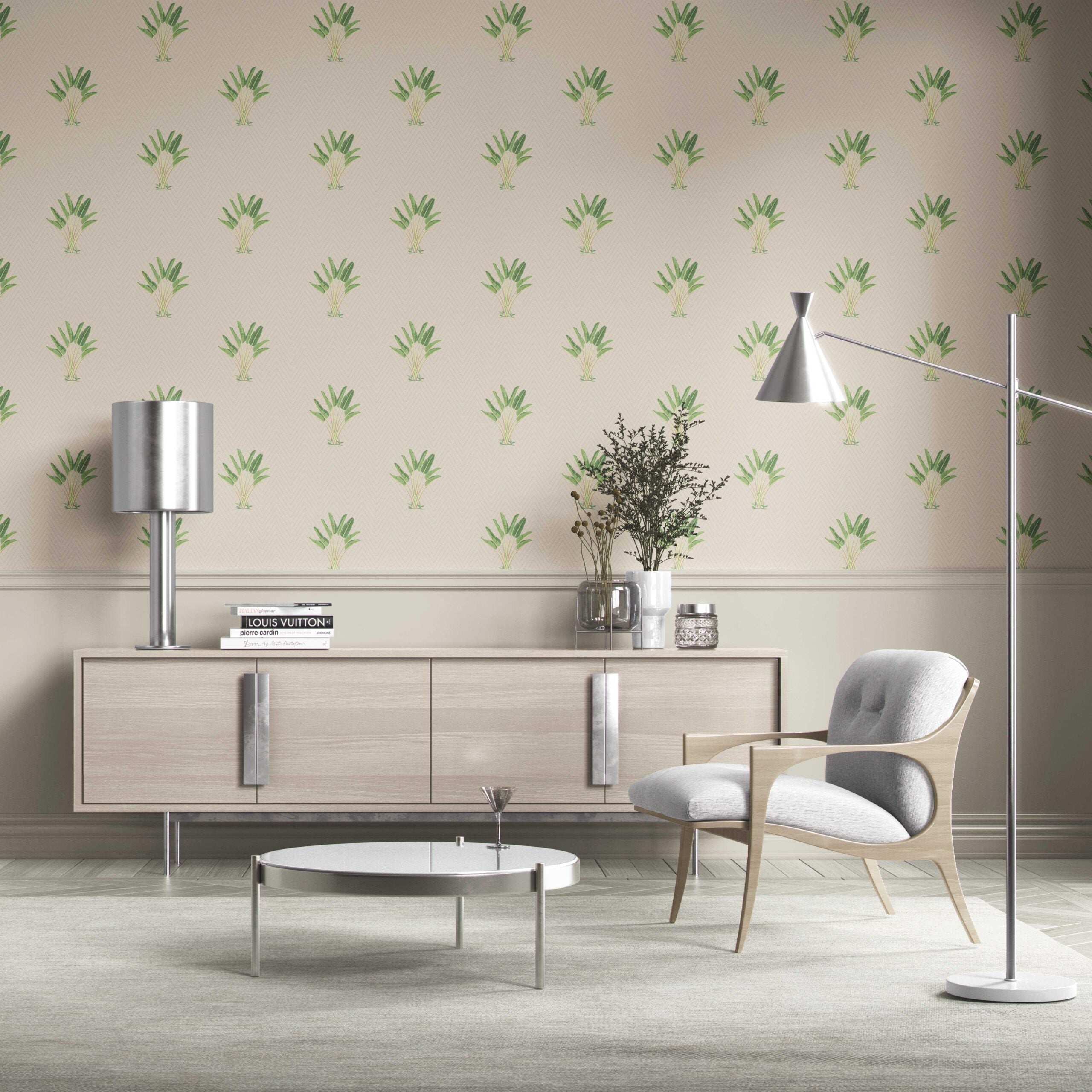 Botanical/ Floral Block Print Traditional Wallpaper Sample (Beige/ Greige/ Green)
