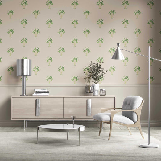 Botanical/ Floral Block Print Traditional Wallpaper (Beige/ Greige/ Green)