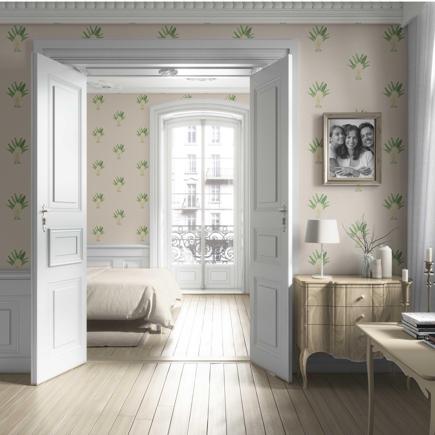Botanical/ Floral Block Print Living Room Wallpaper Sample (Beige/ Greige/ Green)