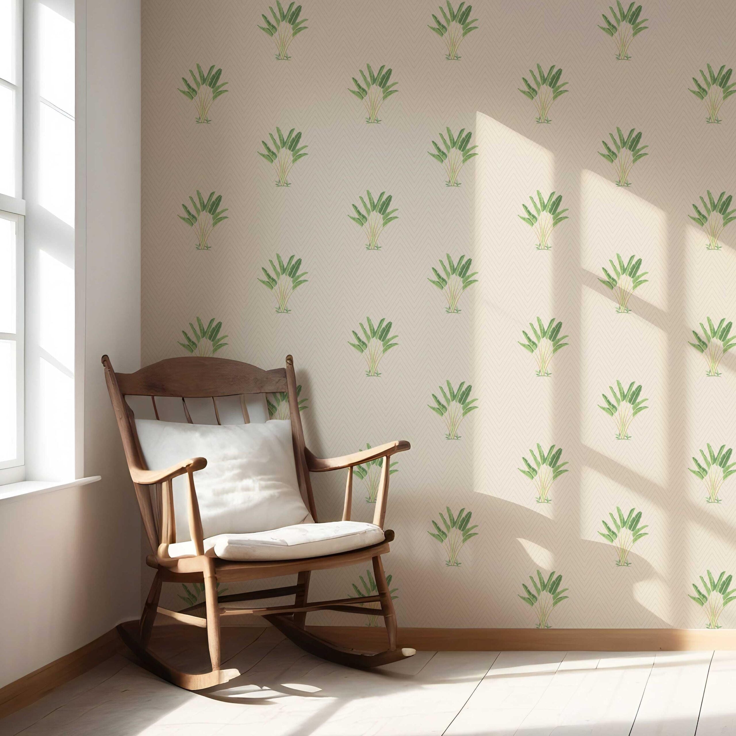 Botanical/ Floral Block Print Nursery Wallpaper Sample (Beige/ Greige/ Green)