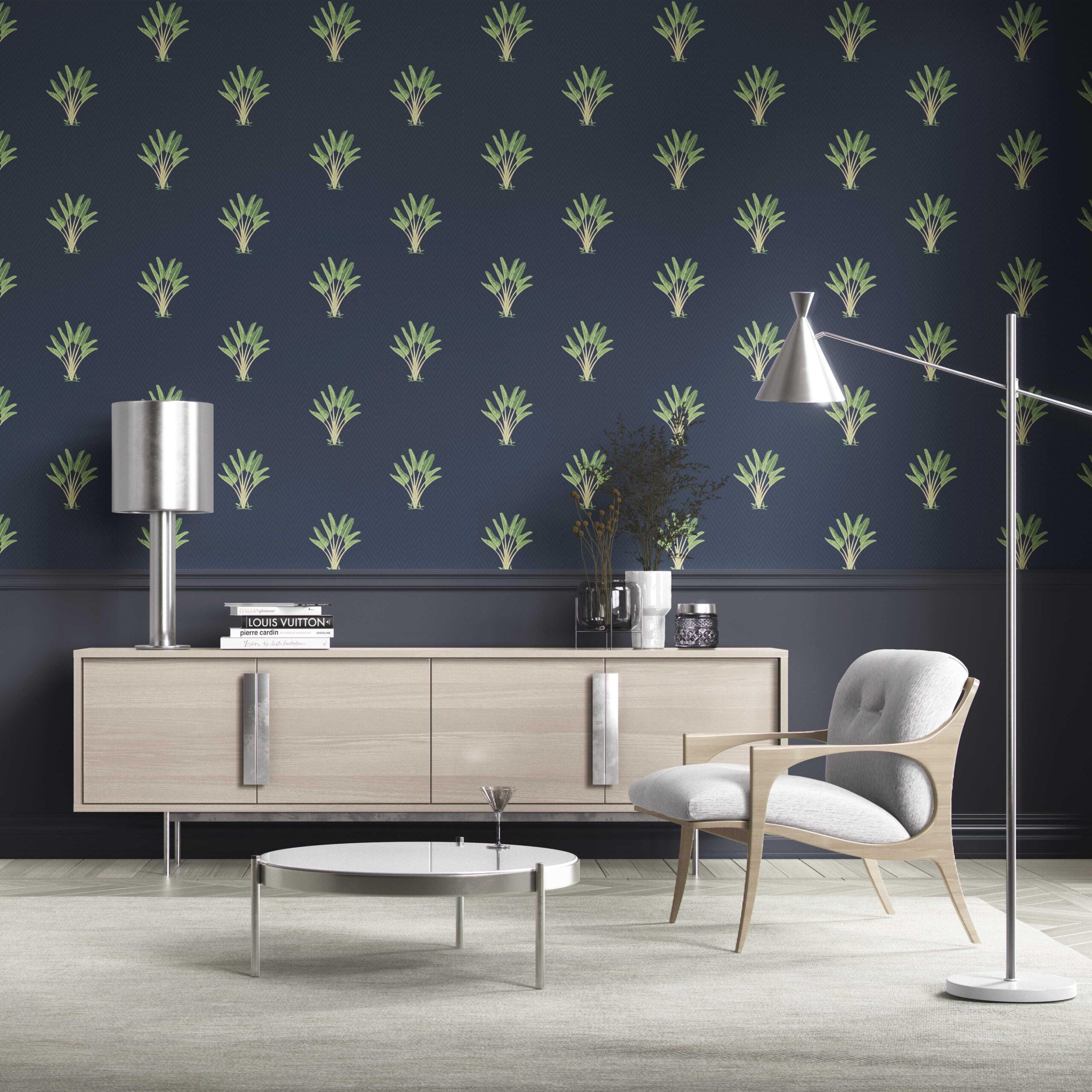 Botanical/ Floral Block Print Traditional Wallpaper Sample (Midnight Blue/ Green)