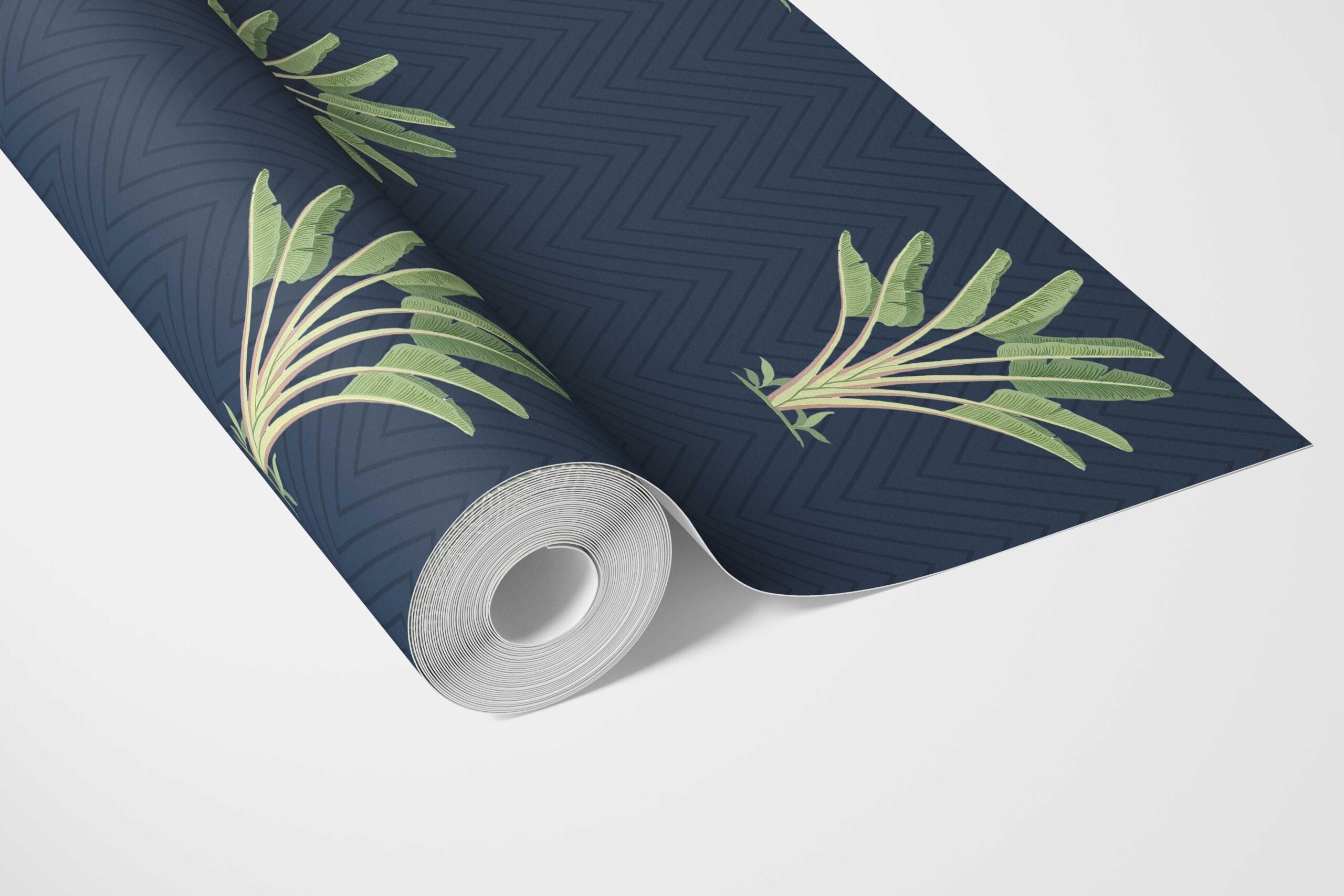 Botanical/ Floral Block Print Bathroom Wallpaper (Midnight Blue/ Green)