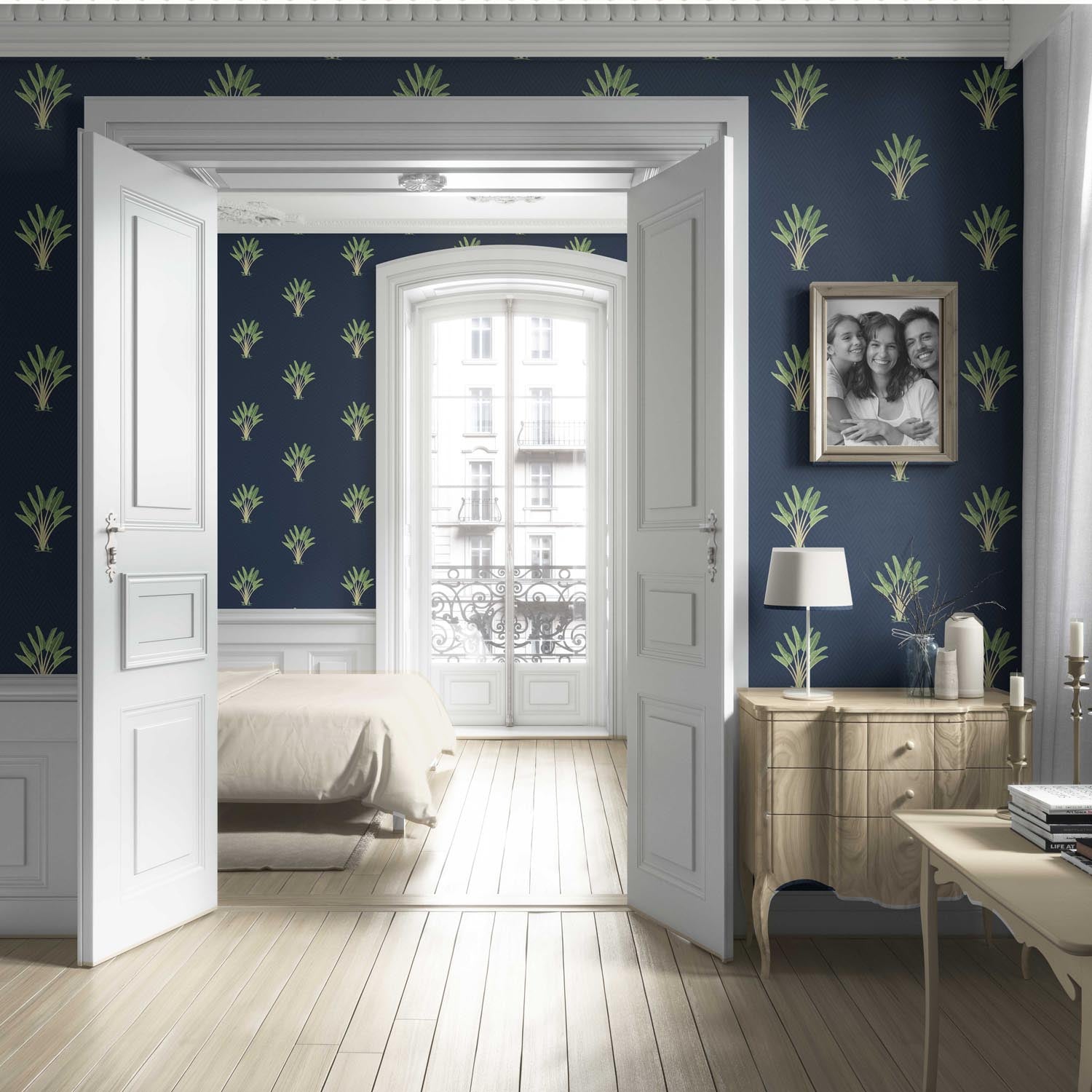 Botanical/ Floral Block Print Living Room Wallpaper (Midnight Blue/ Green)