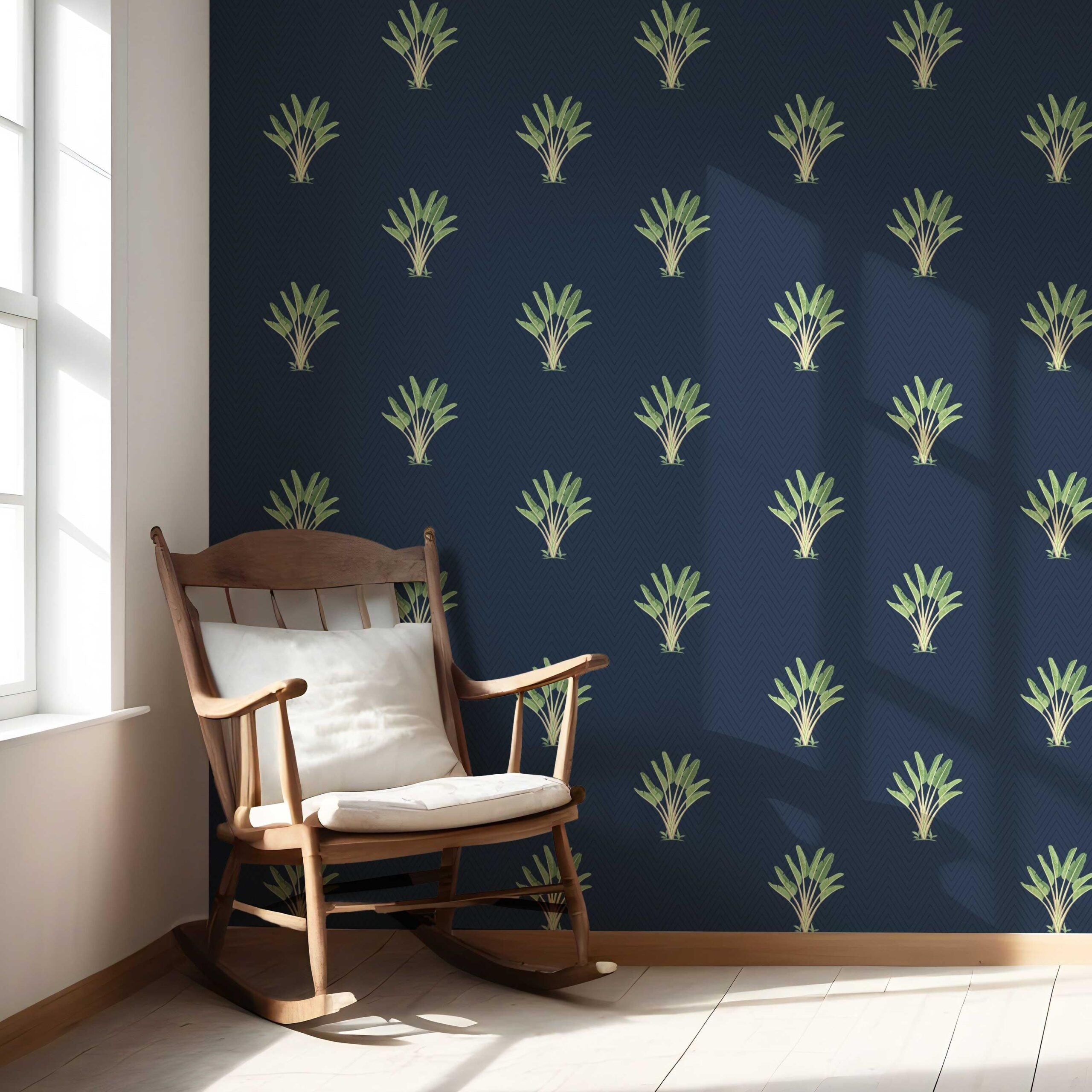 Botanical/ Floral Block Print Nursery Wallpaper (Midnight Blue/ Green)