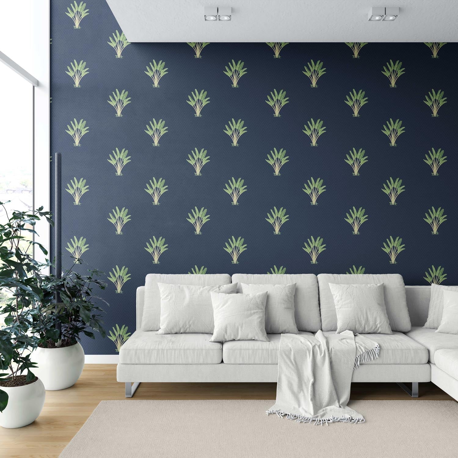 Botanical/ Floral Block Print Shower Toilet Wallpaper (Midnight Blue/ Green)