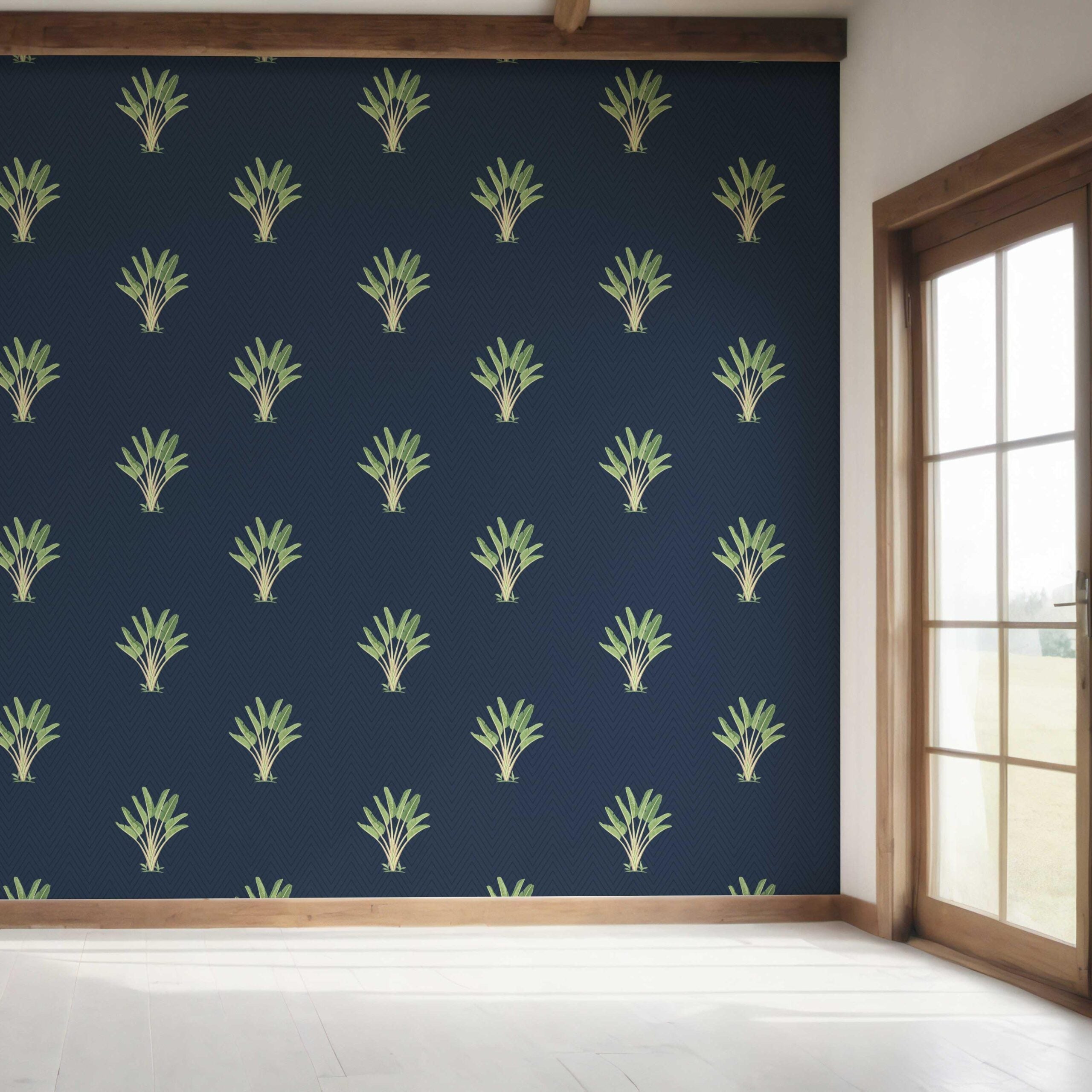 Botanical/ Floral Block Print Bedroom Wallpaper (Midnight Blue/ Green)