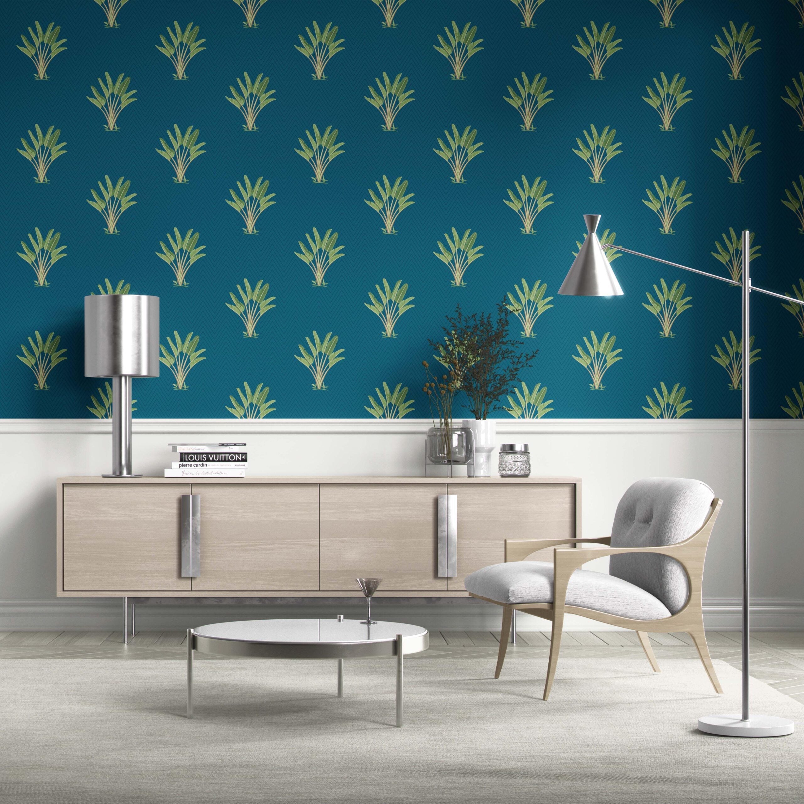 Botanical/ Floral Block Print Traditional Wallpaper (Teal Blue/ Green)