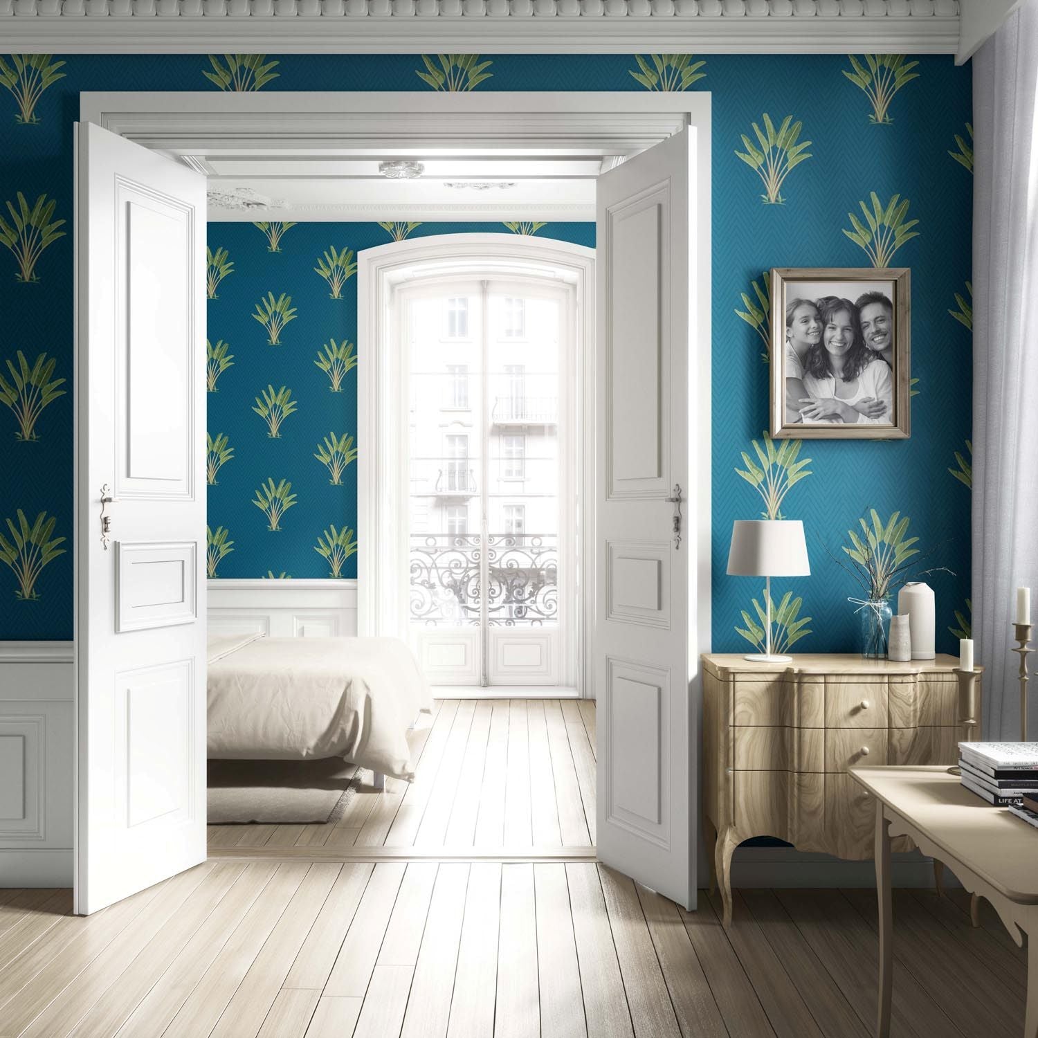 Botanical/ Floral Block Print Living Room Wallpaper Sample (Teal Blue/ Green)