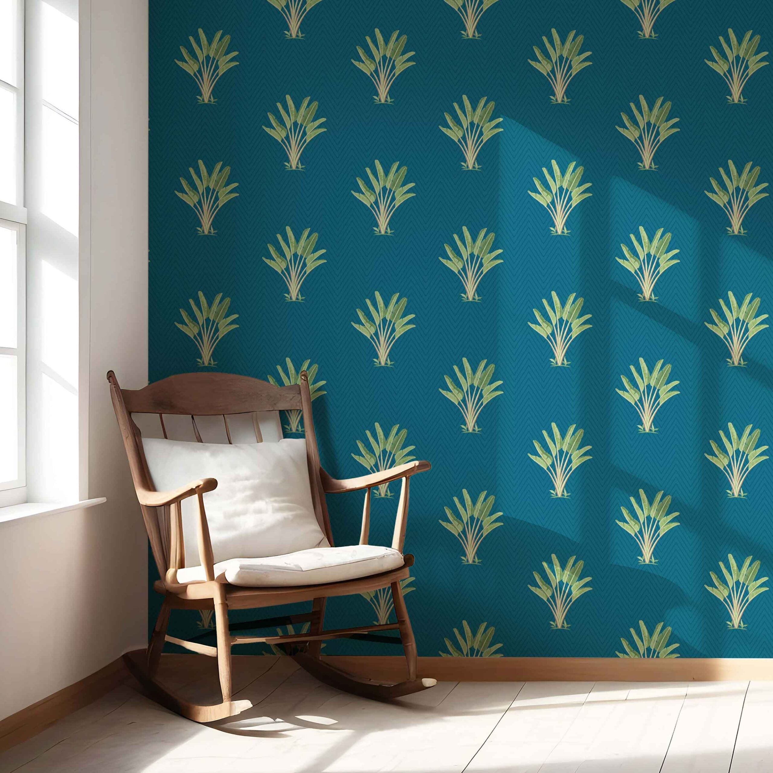Botanical/ Floral Block Print Nursery Wallpaper (Teal Blue/ Green)