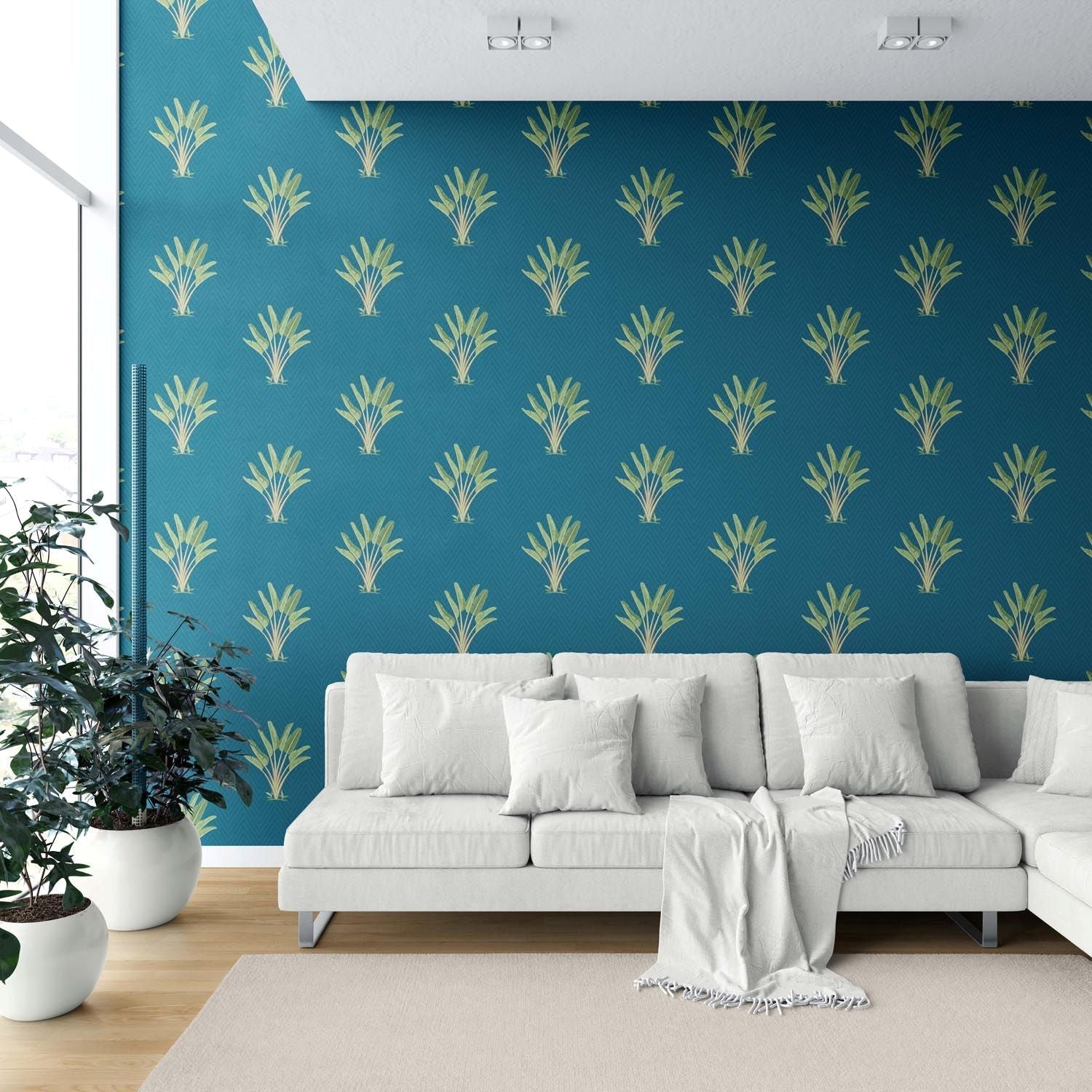 Botanical/ Floral Block Print Shower Toilet Wallpaper (Teal Blue/ Green)