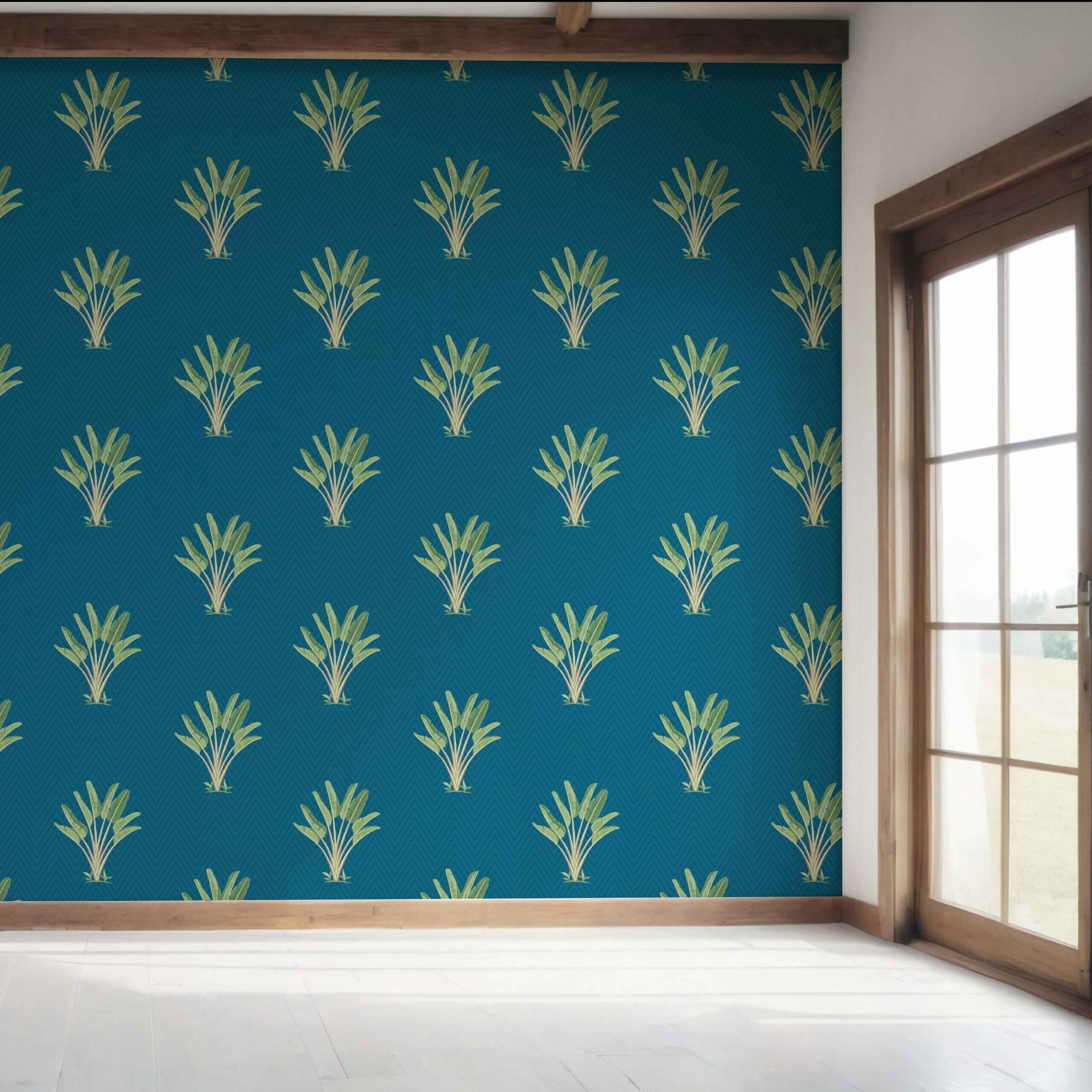 Botanical/ Floral Block Print Bedroom Wallpaper (Teal Blue/ Green)