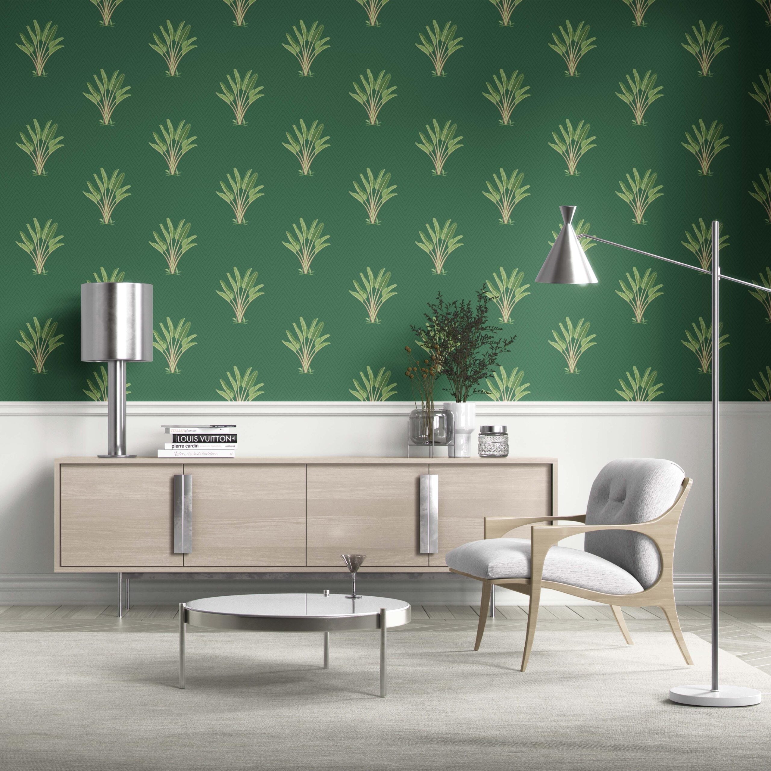 Botanical/ Floral Block Print Traditional Wallpaper Sample (Green)