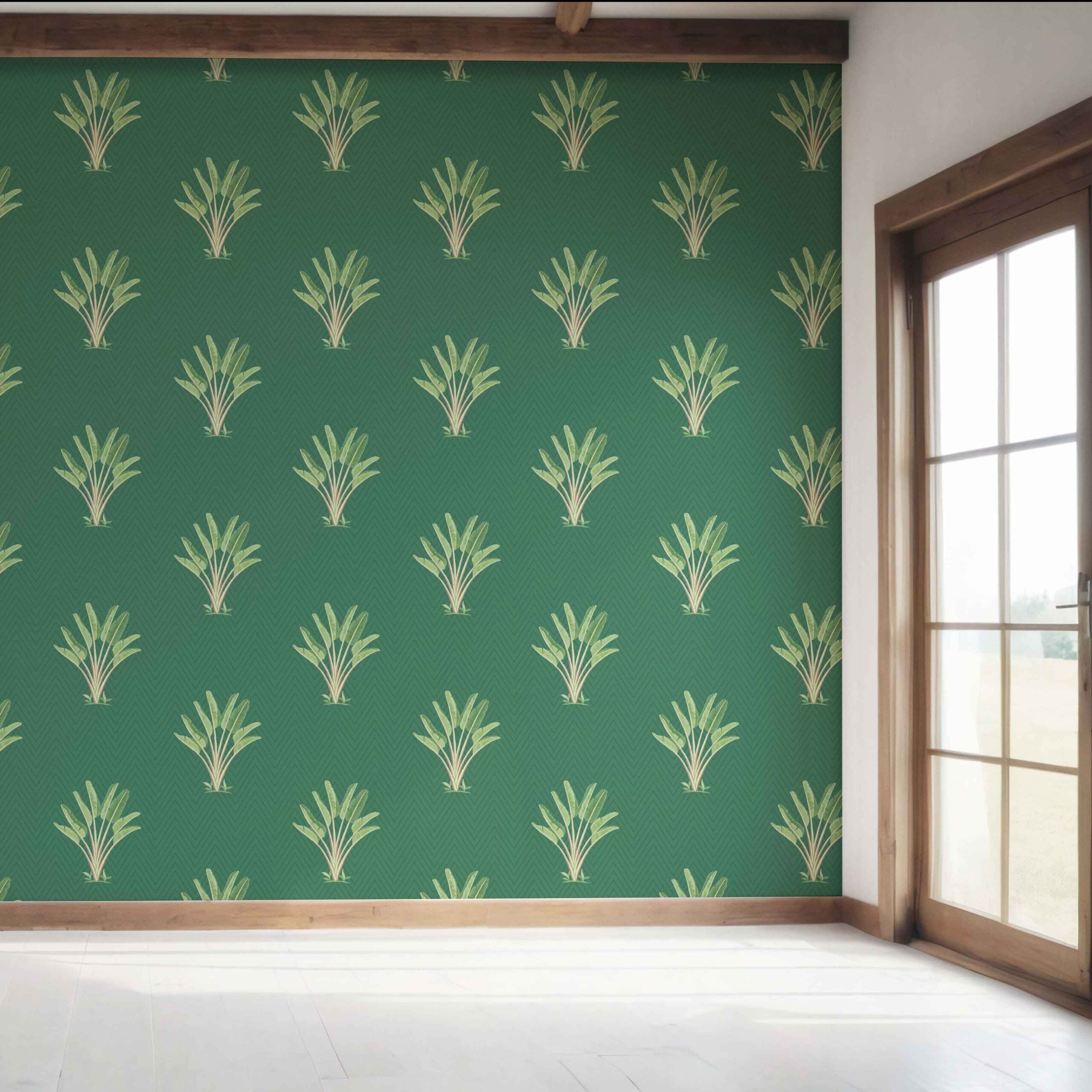 Botanical/ Floral Block Print Bedroom Wallpaper Sample (Green)