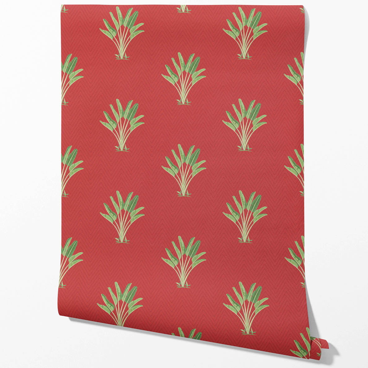 Botanical/ Floral Block Print Kitchen Wallpaper (Red-Orange/ Green)